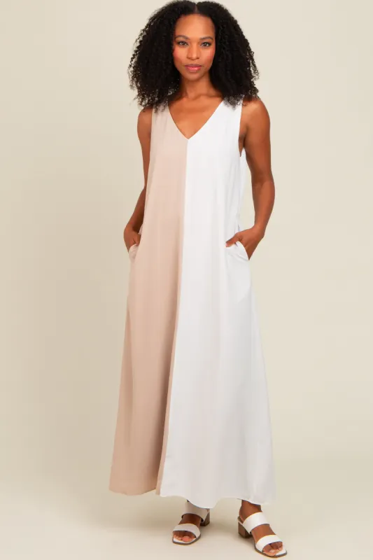 Beige Colorblock Midi Dress sold by Pinkblush