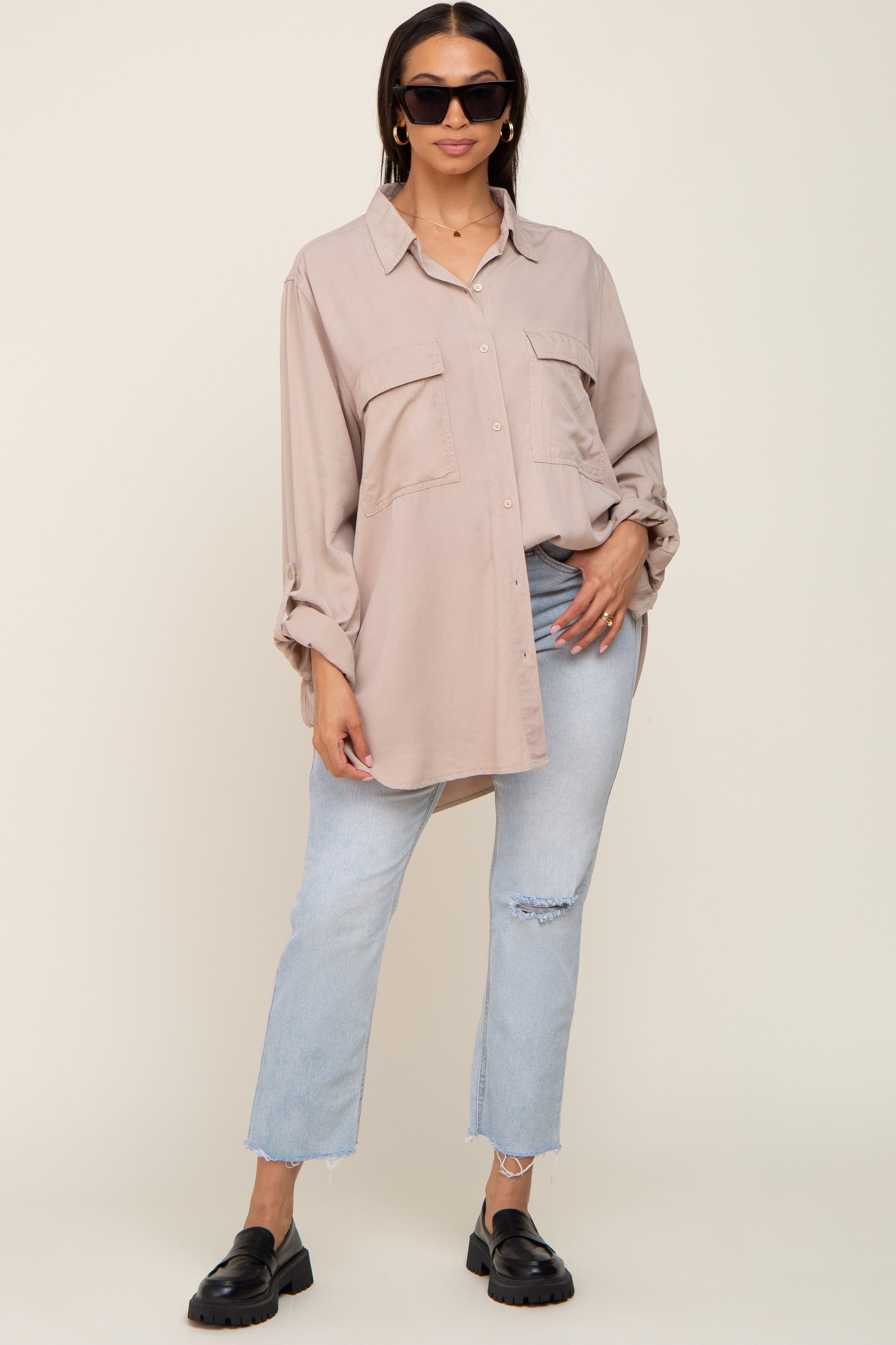 Beige Oversized Button Down Blouse sold by Pinkblush product image thumbnail 6