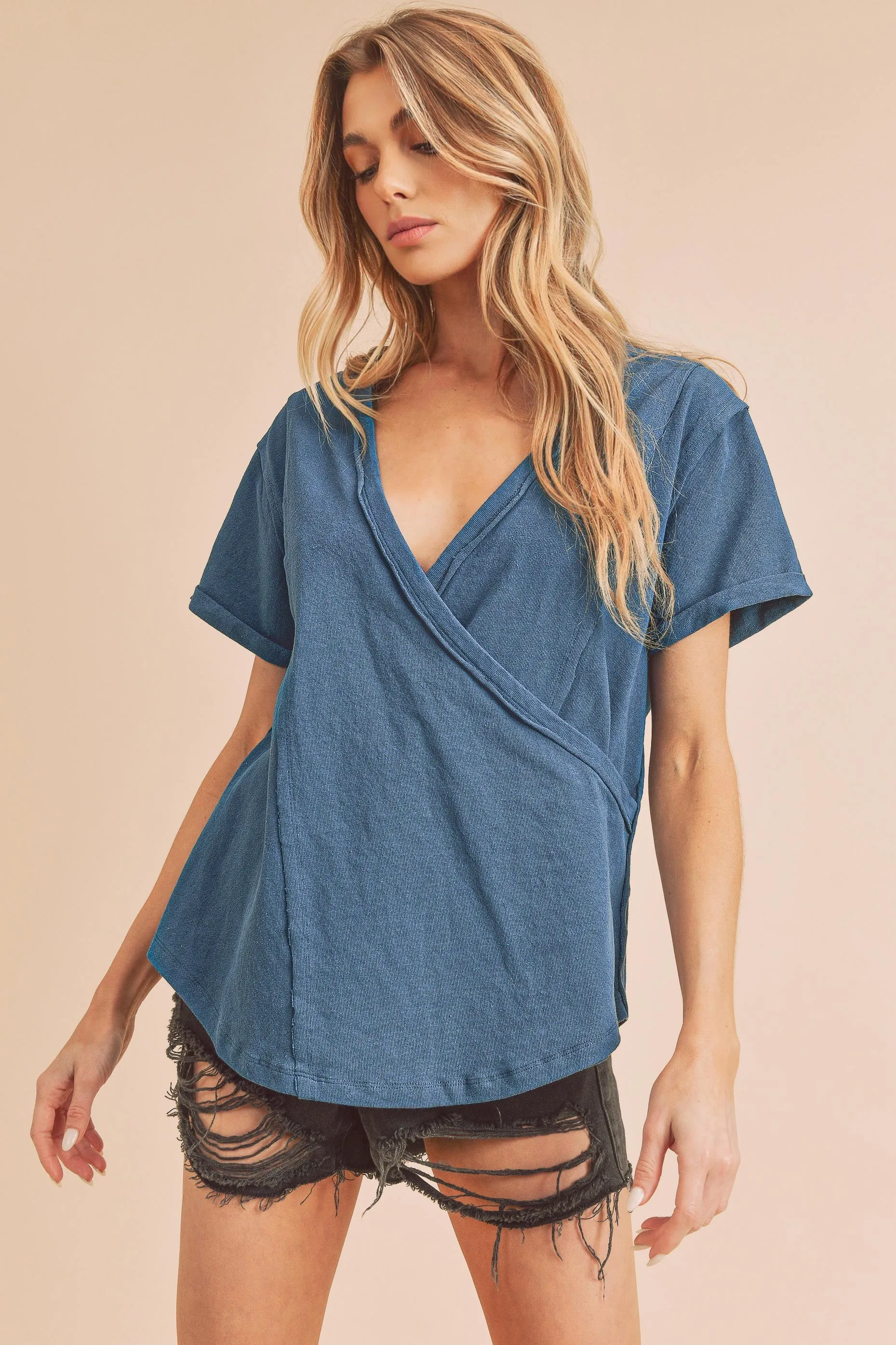 Blue Wrap Short Sleeve Raw Hem Top sold by Pinkblush product image thumbnail 3