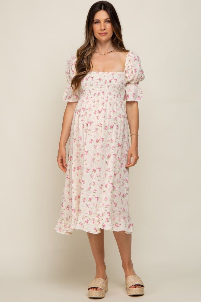 Pink Floral Smocked Gauze Maternity Midi Dress sold by Pinkblush product image thumbnail 5