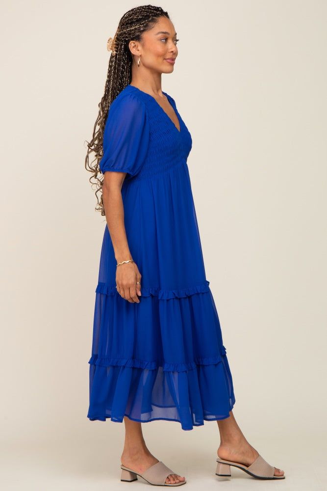 Royal Blue Chiffon Smocked V-Neck Ruffle Tiered Midi Dress sold by Pinkblush product image thumbnail 2