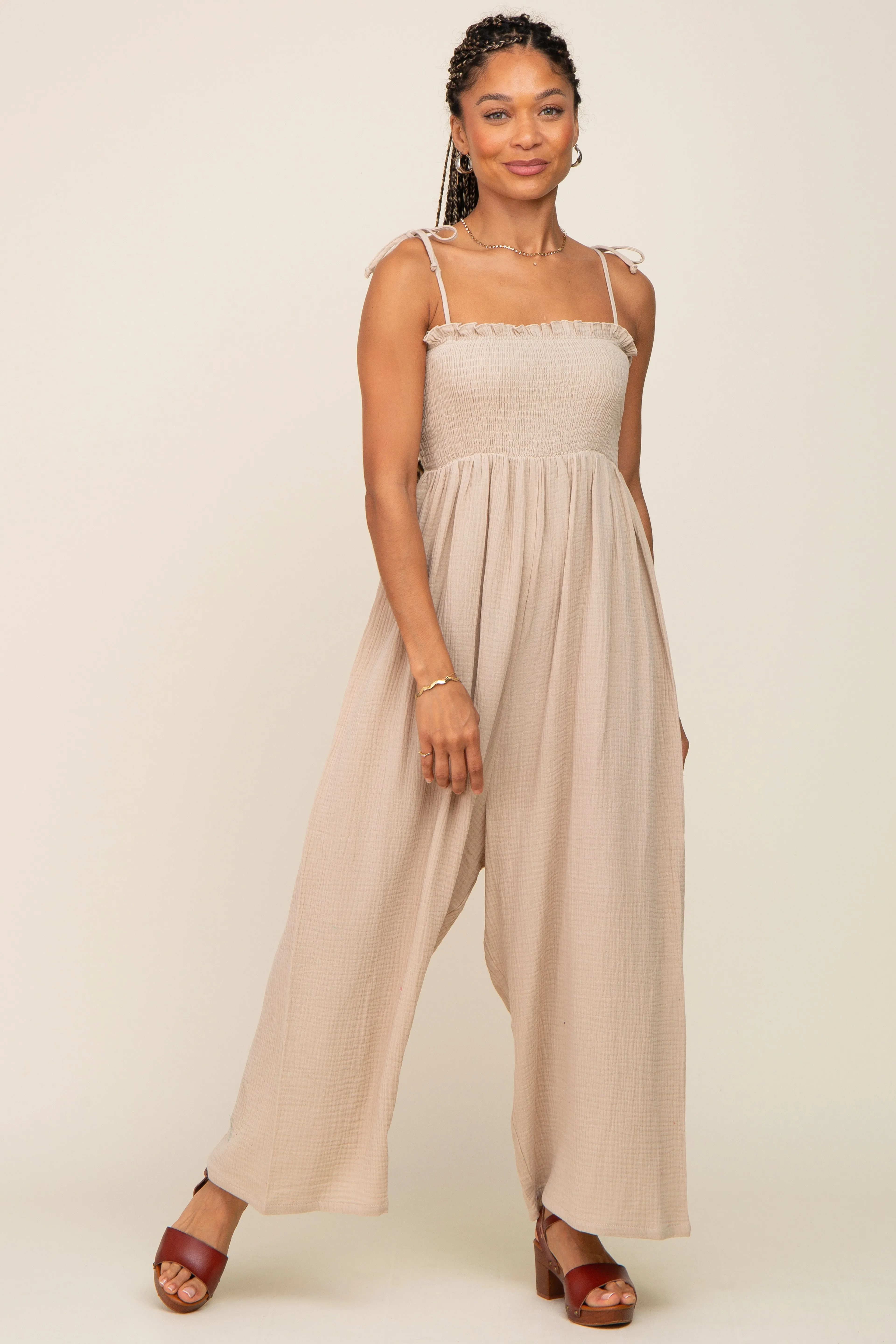Taupe Sleeveless Cropped Jumpsuit sold by Pinkblush product image thumbnail 4