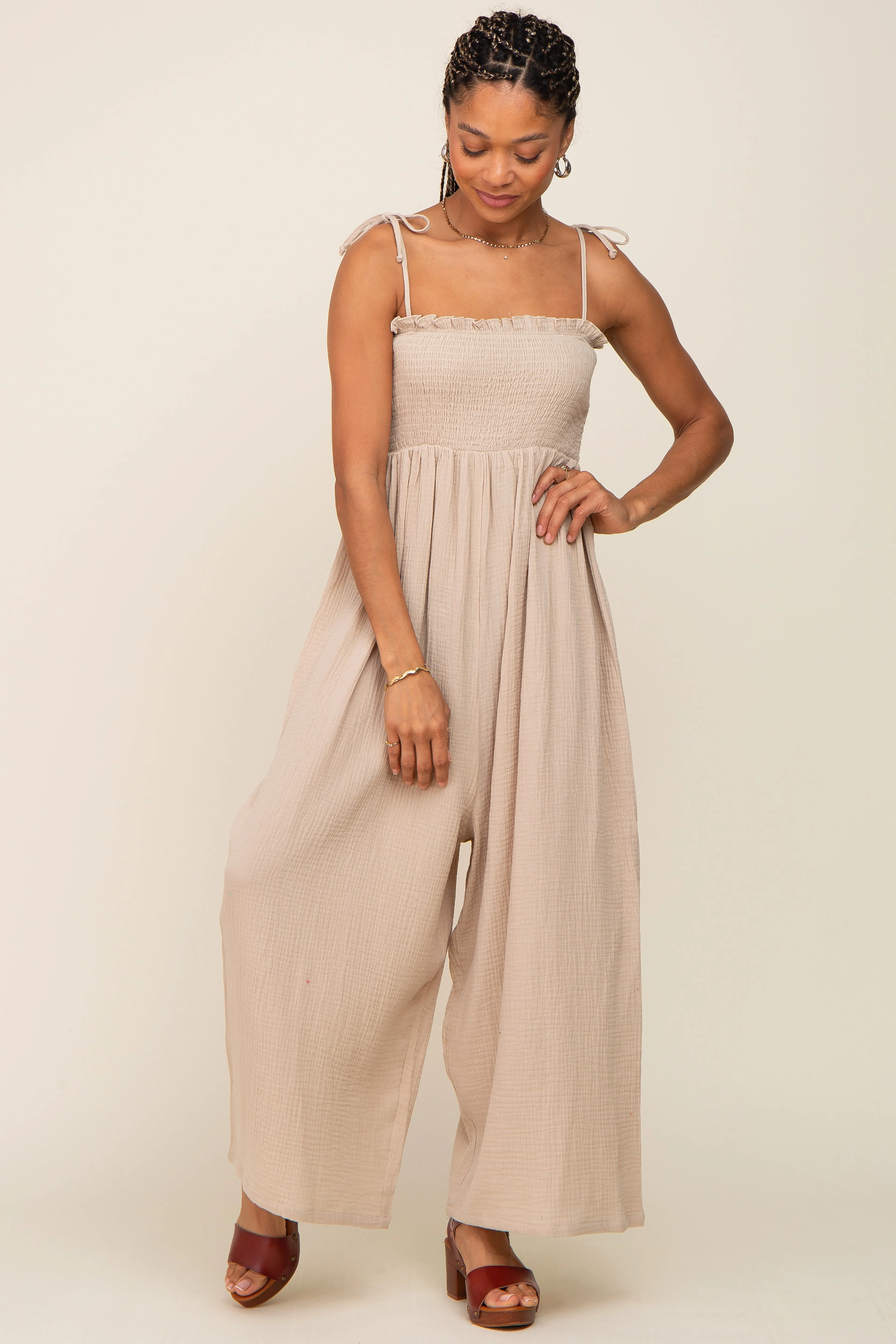 Taupe Sleeveless Cropped Jumpsuit sold by Pinkblush