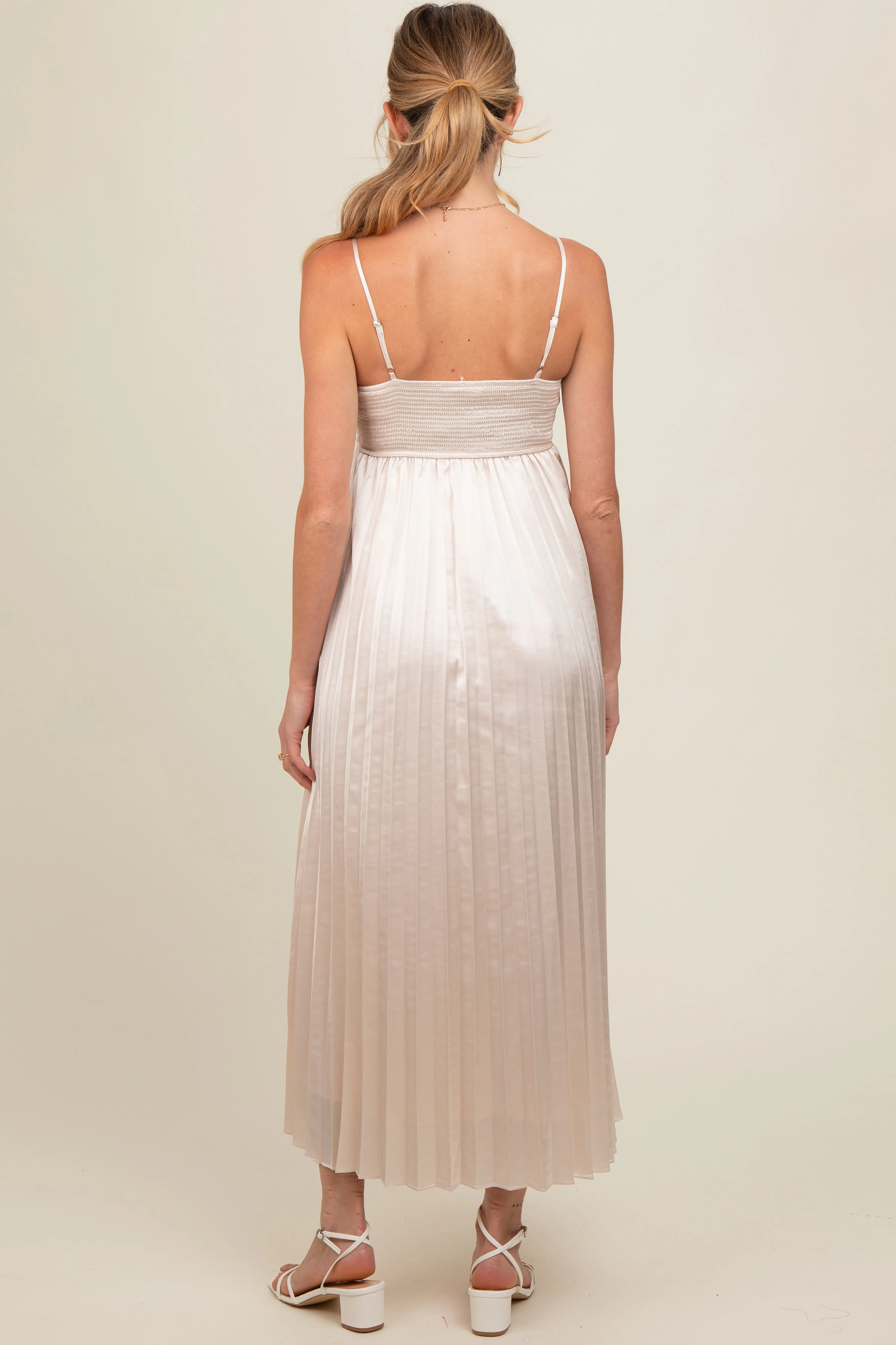 Cream Satin Pleated Maternity Midi Dress sold by Pinkblush product image thumbnail 2