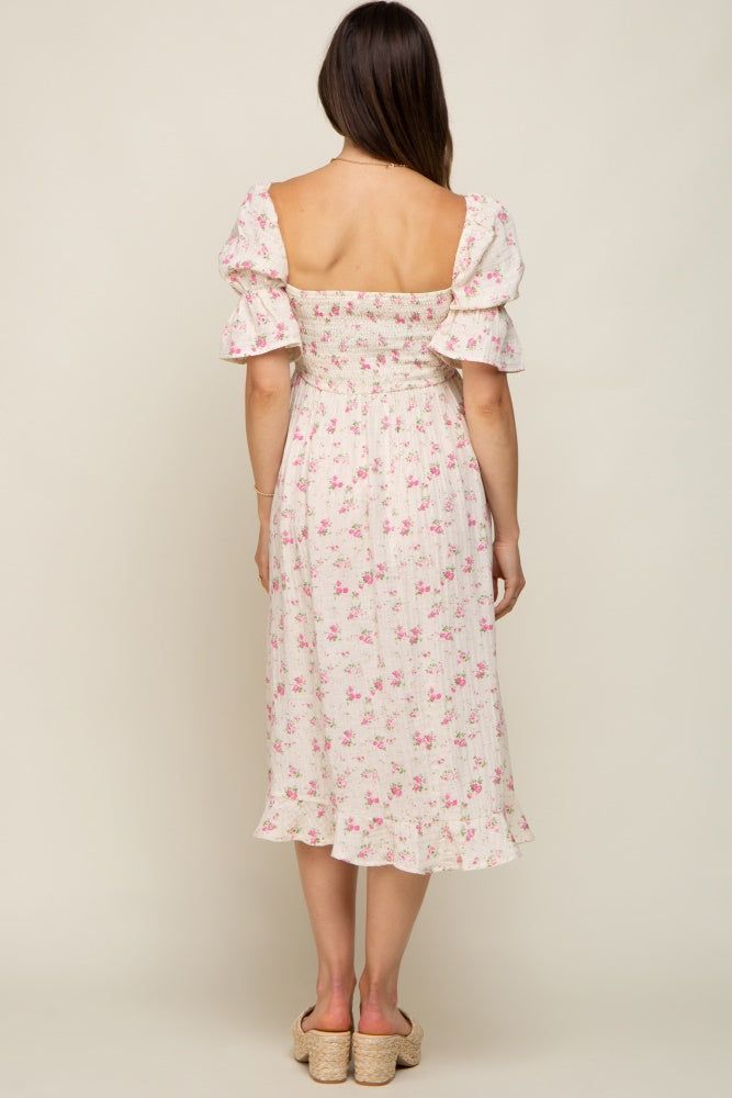Pink Floral Smocked Gauze Maternity Midi Dress sold by Pinkblush product image thumbnail 3