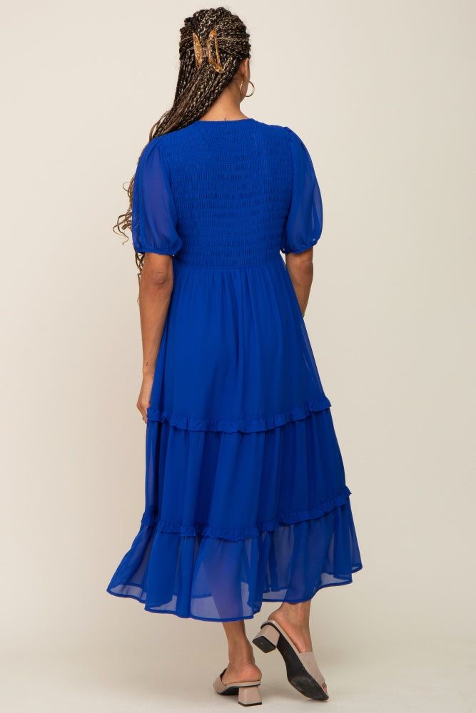 Royal Blue Chiffon Smocked V-Neck Ruffle Tiered Midi Dress sold by Pinkblush product image thumbnail 3