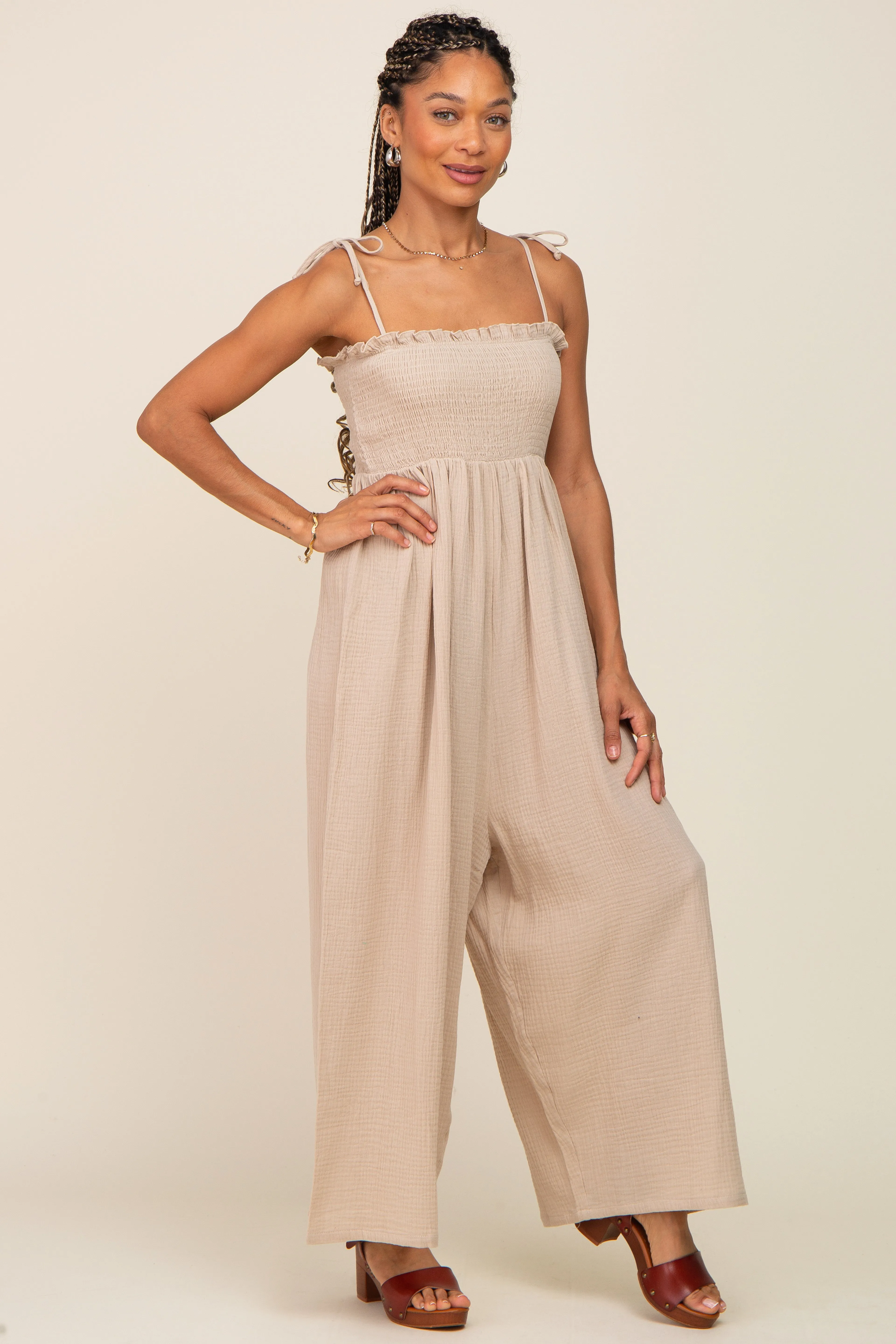 Taupe Sleeveless Cropped Jumpsuit sold by Pinkblush product image thumbnail 5