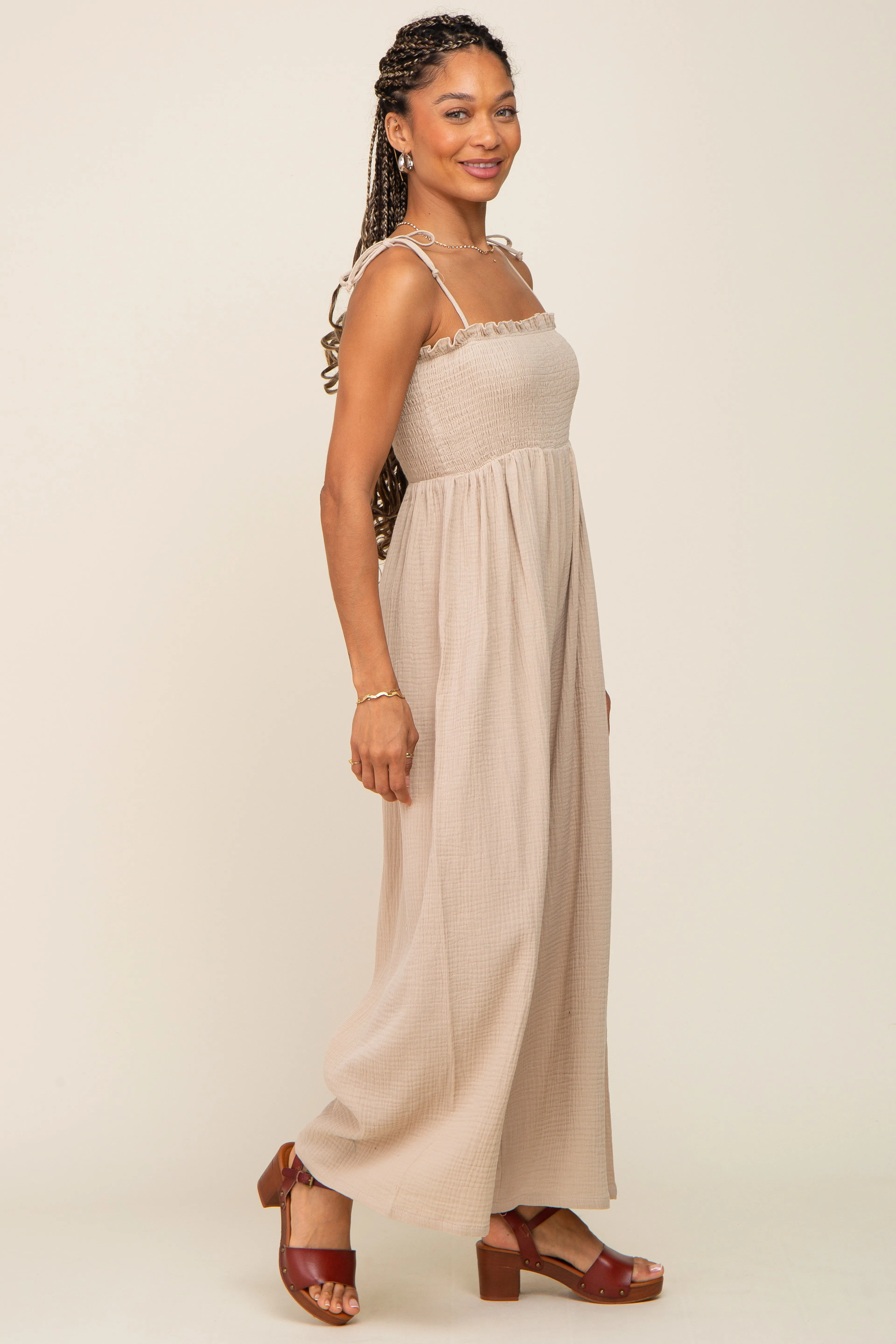 Taupe Sleeveless Cropped Jumpsuit sold by Pinkblush product image thumbnail 2