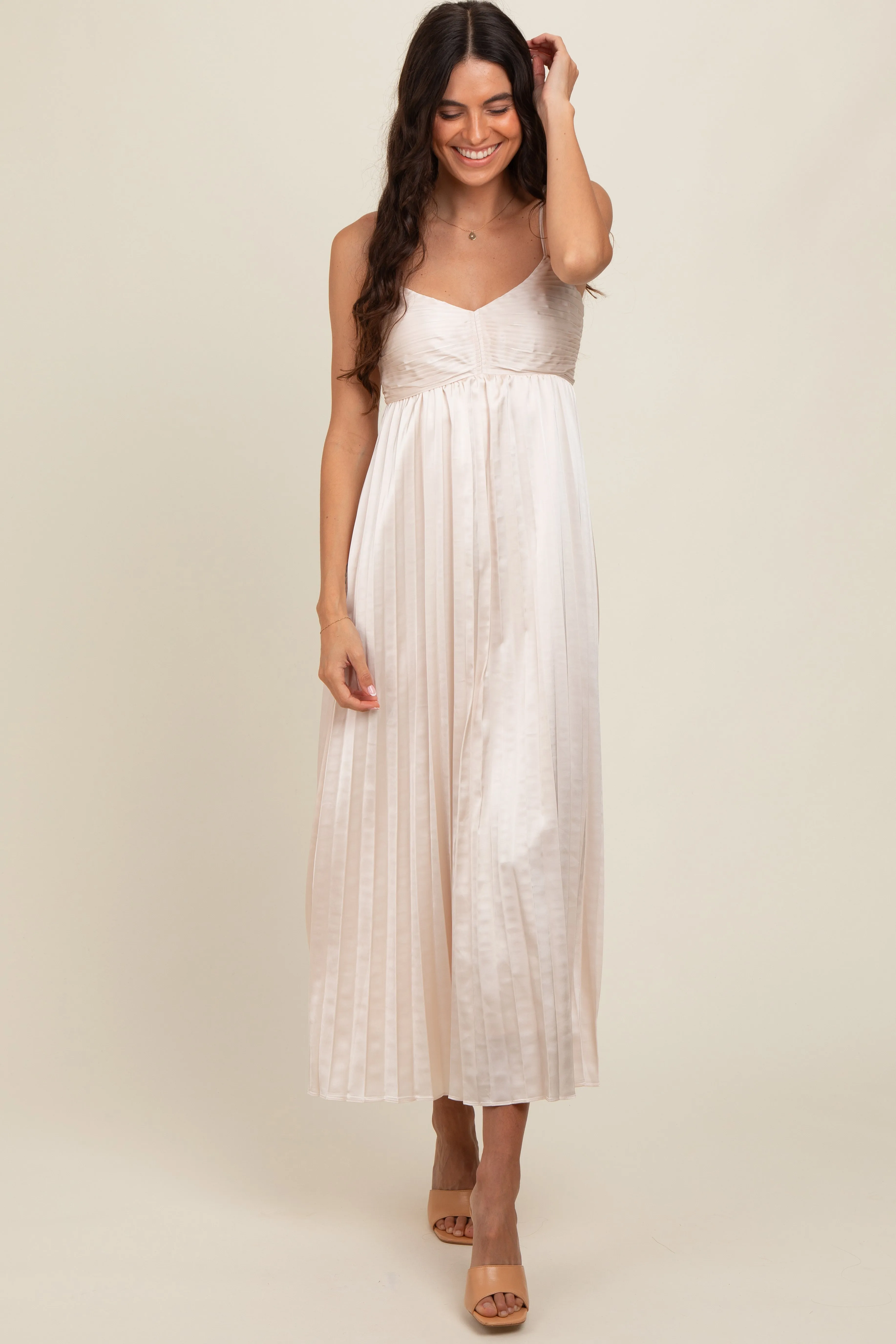 Cream Satin Pleated Maternity Midi Dress sold by Pinkblush product image thumbnail 3