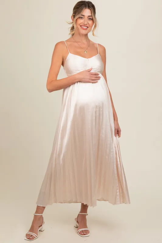 Cream Satin Pleated Maternity Midi Dress sold by Pinkblush