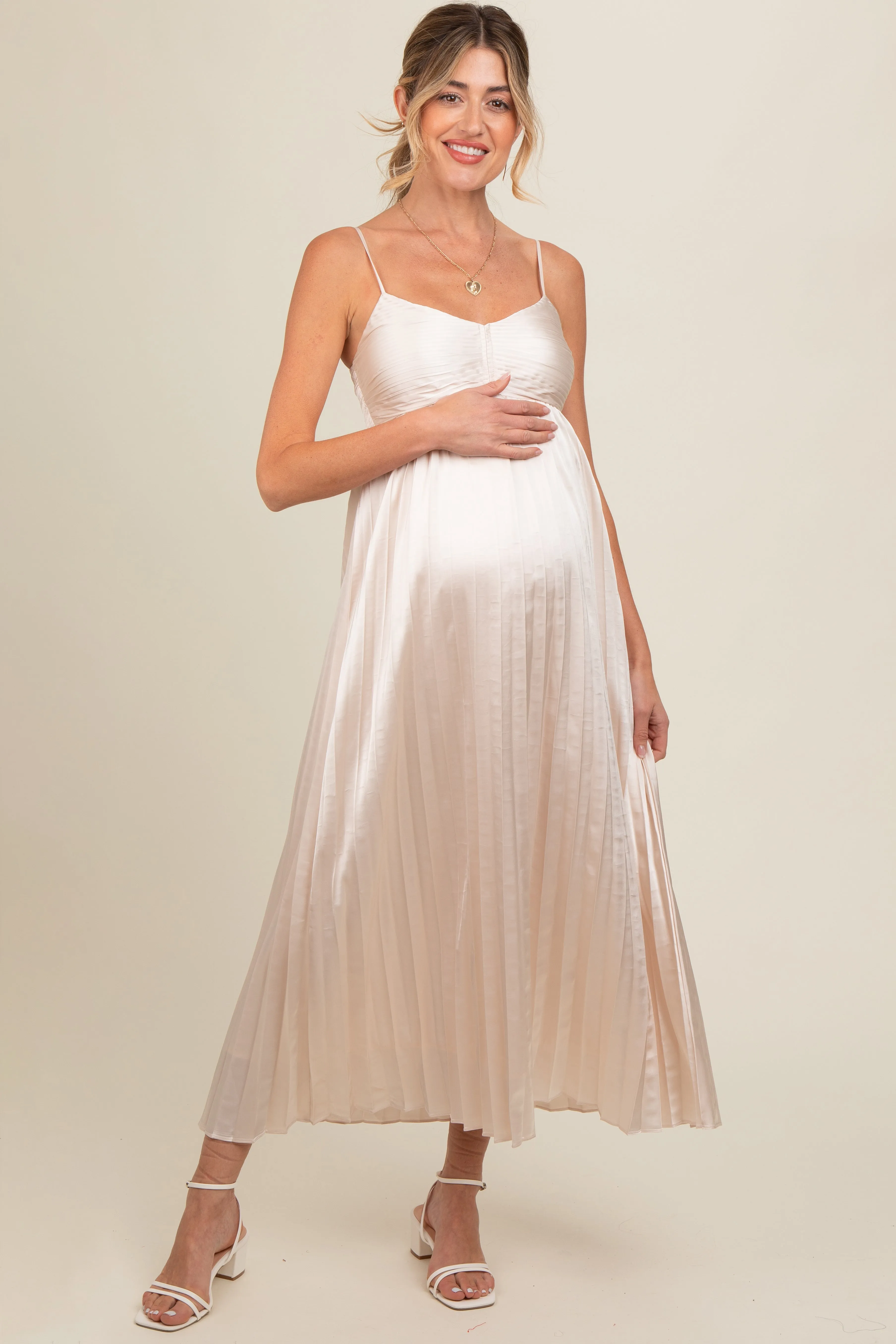 Cream Satin Pleated Maternity Midi Dress sold by Pinkblush