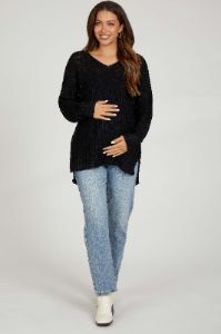 Black Chunky Knit Side Slit Maternity Sweater sold by Pinkblush