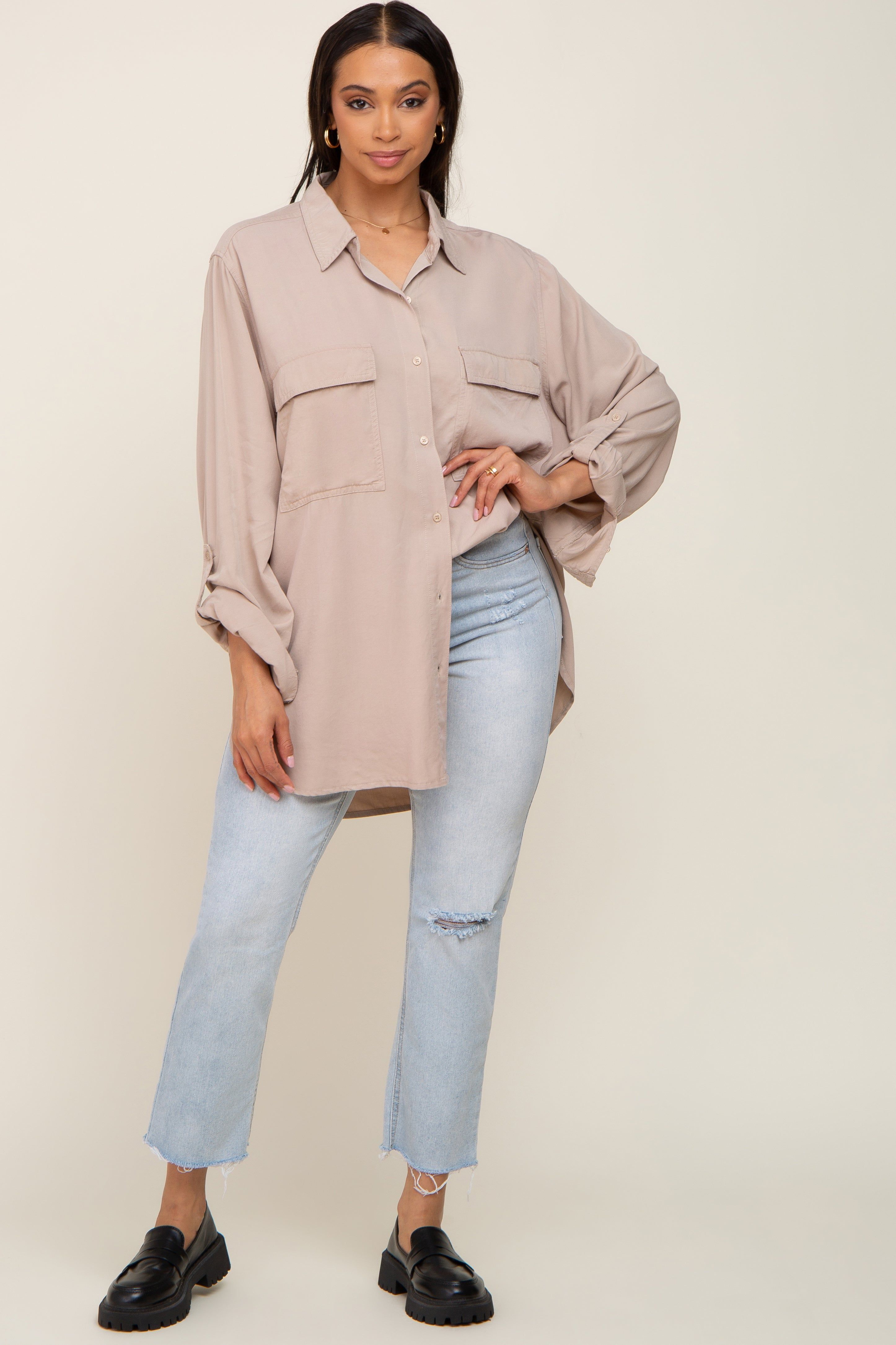 Beige Oversized Button Down Blouse sold by Pinkblush product image thumbnail 5