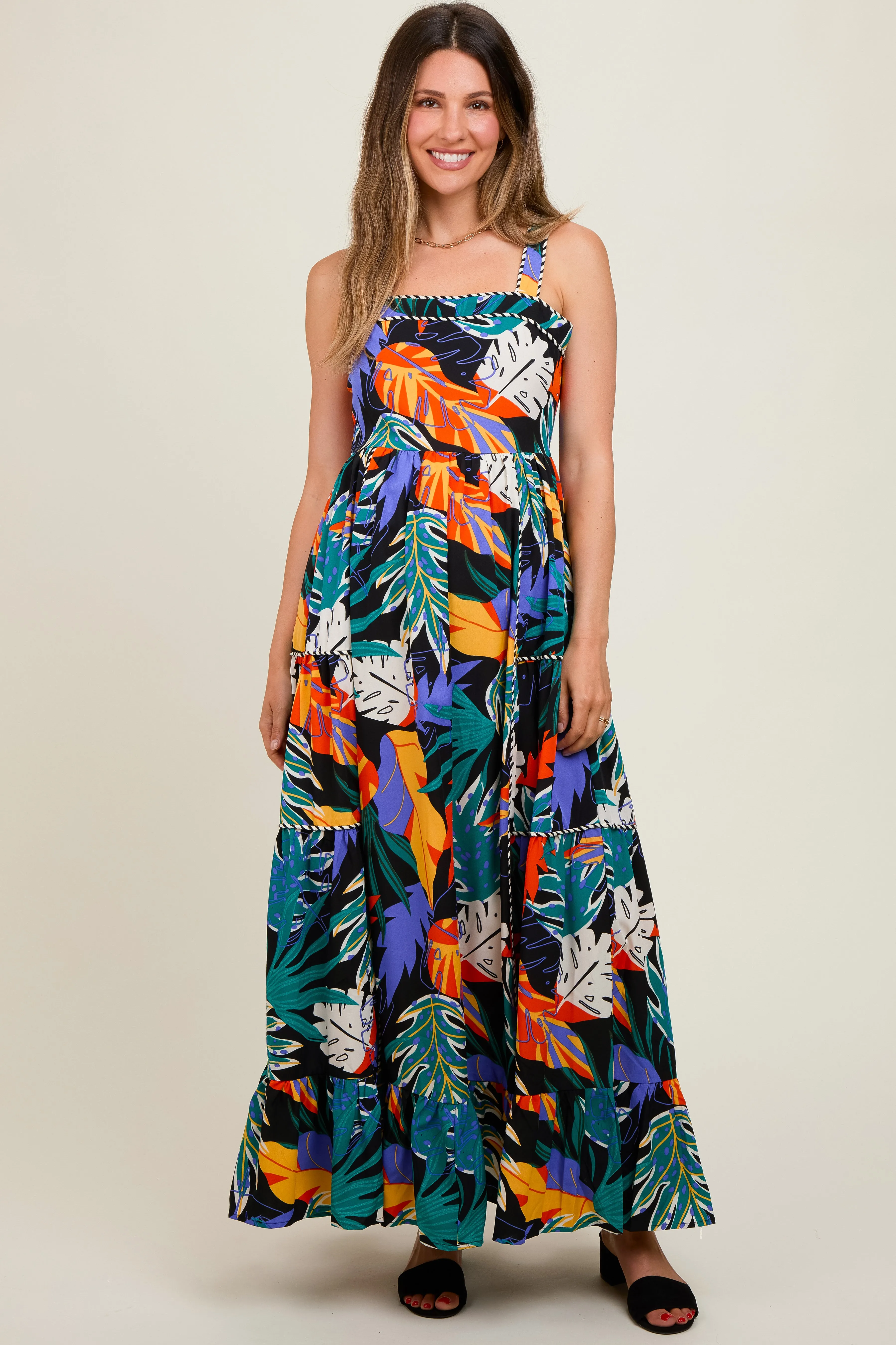 Black Leaf Print Tiered Maternity Dress sold by Pinkblush