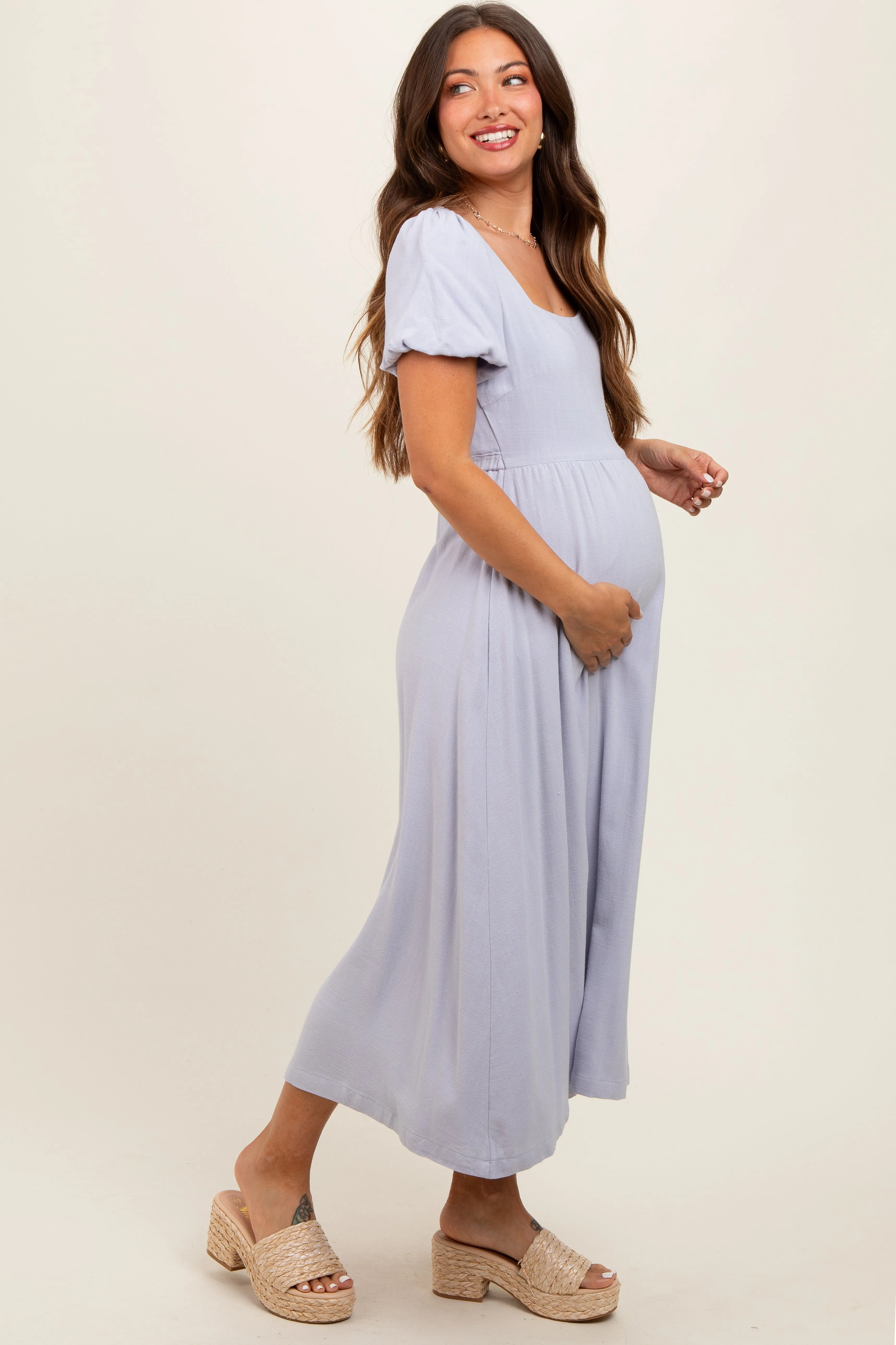Lavender Puff Sleeve Linen Maternity Midi Dress sold by Pinkblush product image thumbnail 3