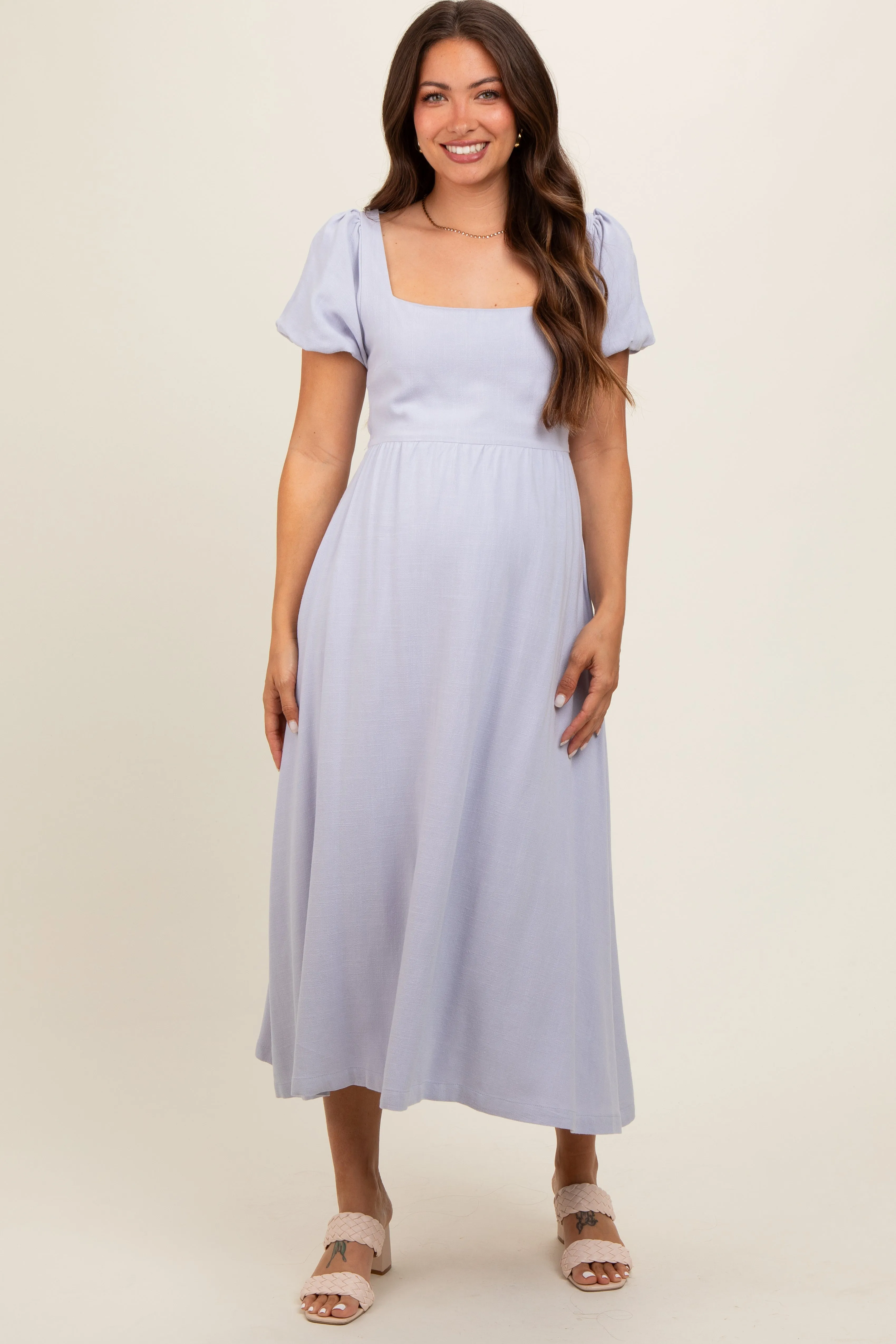 Lavender Puff Sleeve Linen Maternity Midi Dress sold by Pinkblush