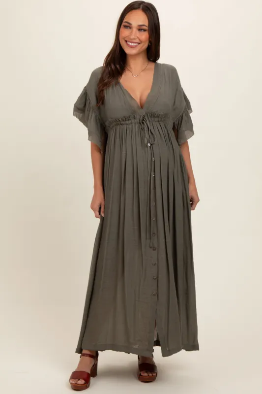 Olive Deep V-Neck Button Down Maternity Maxi Dress sold by Pinkblush
