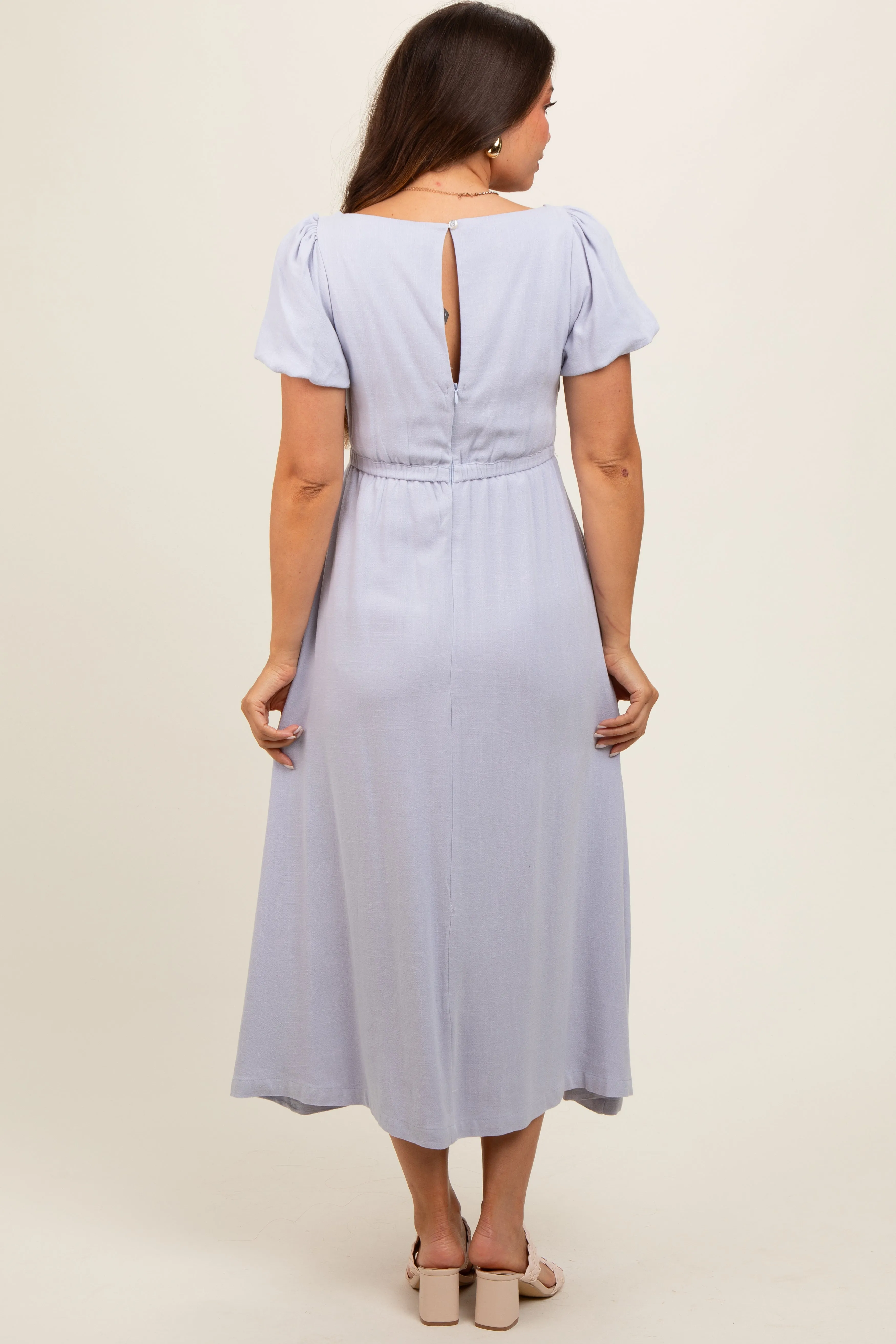 Lavender Puff Sleeve Linen Maternity Midi Dress sold by Pinkblush product image thumbnail 4