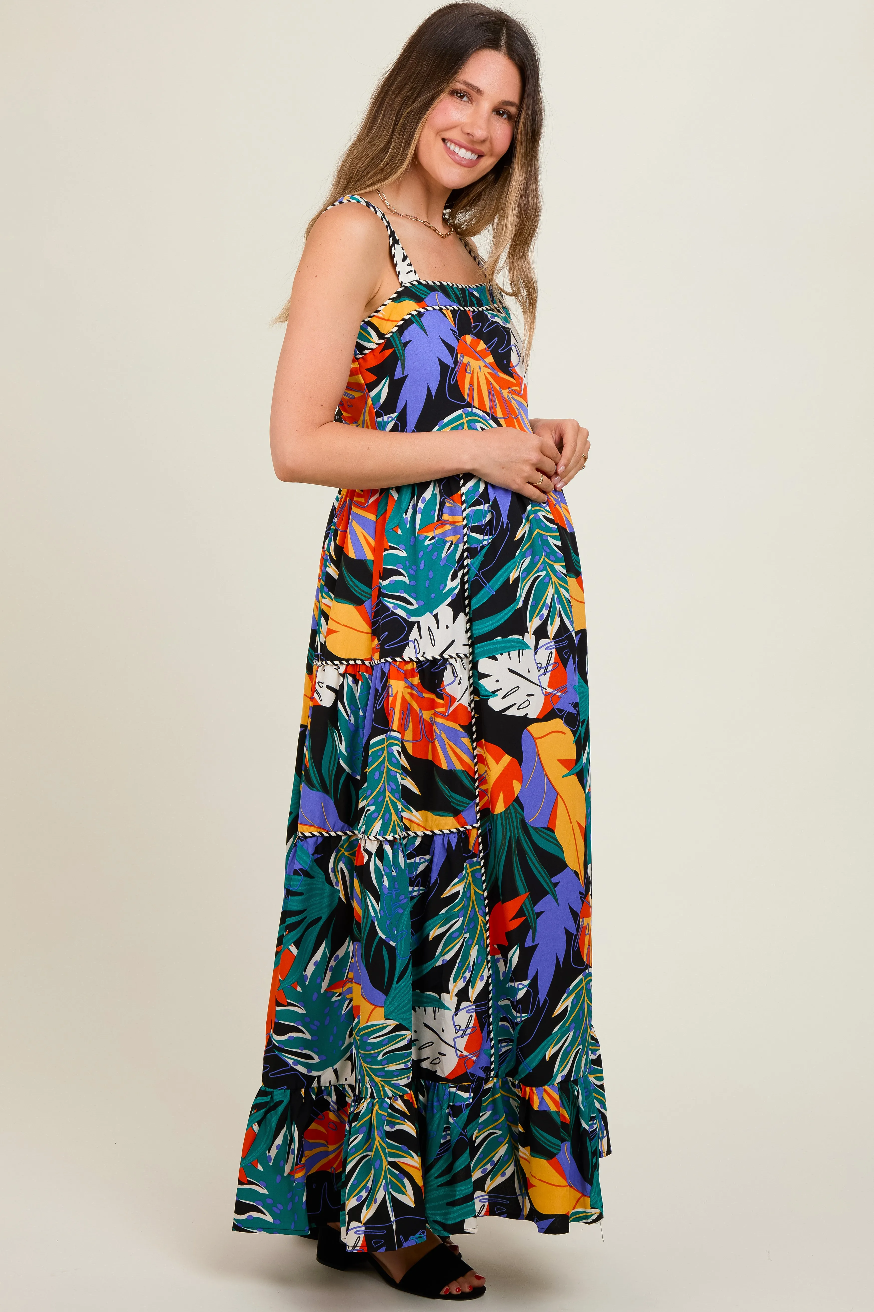 Black Leaf Print Tiered Maternity Dress sold by Pinkblush product image thumbnail 3