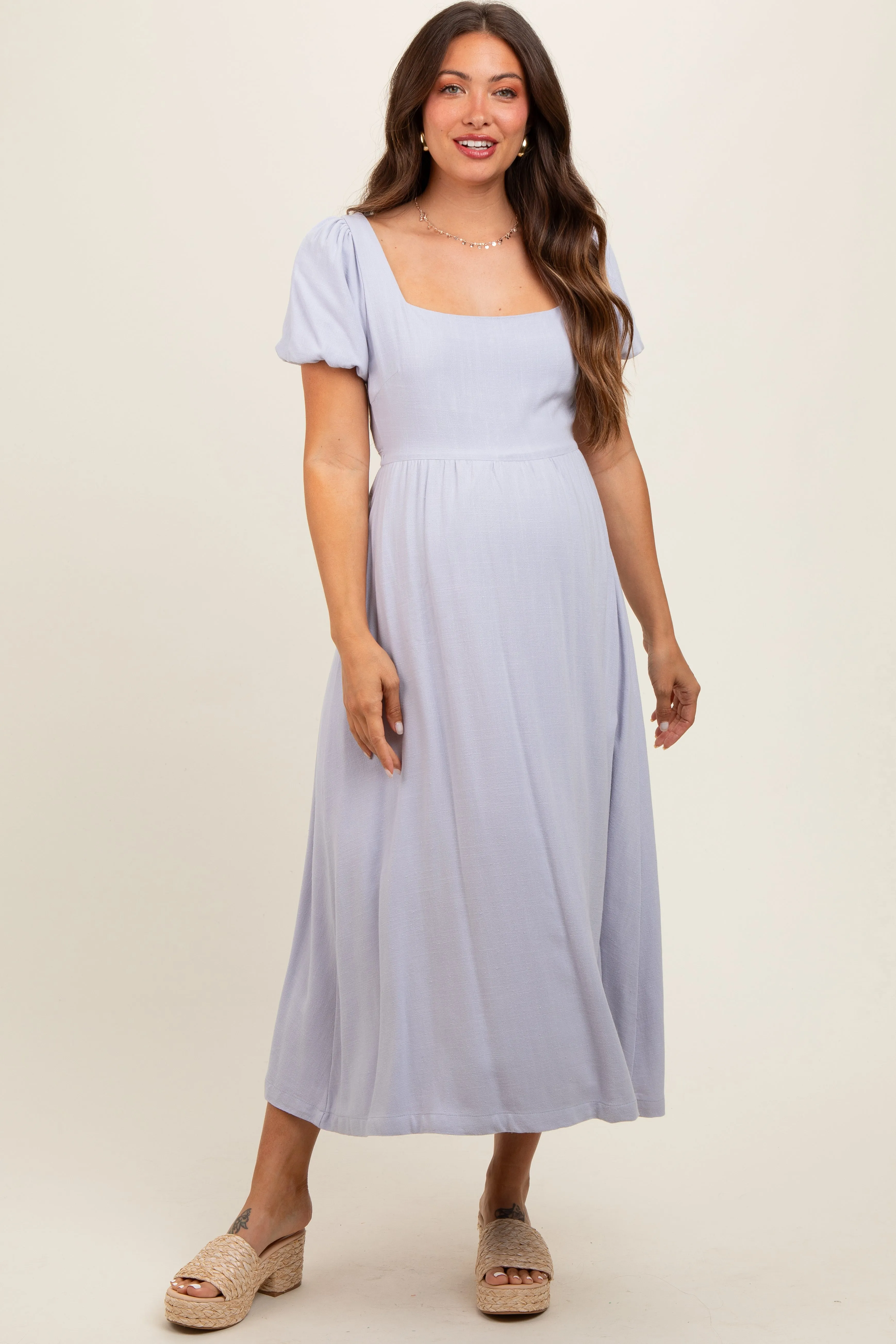 Lavender Puff Sleeve Linen Maternity Midi Dress sold by Pinkblush product image thumbnail 2