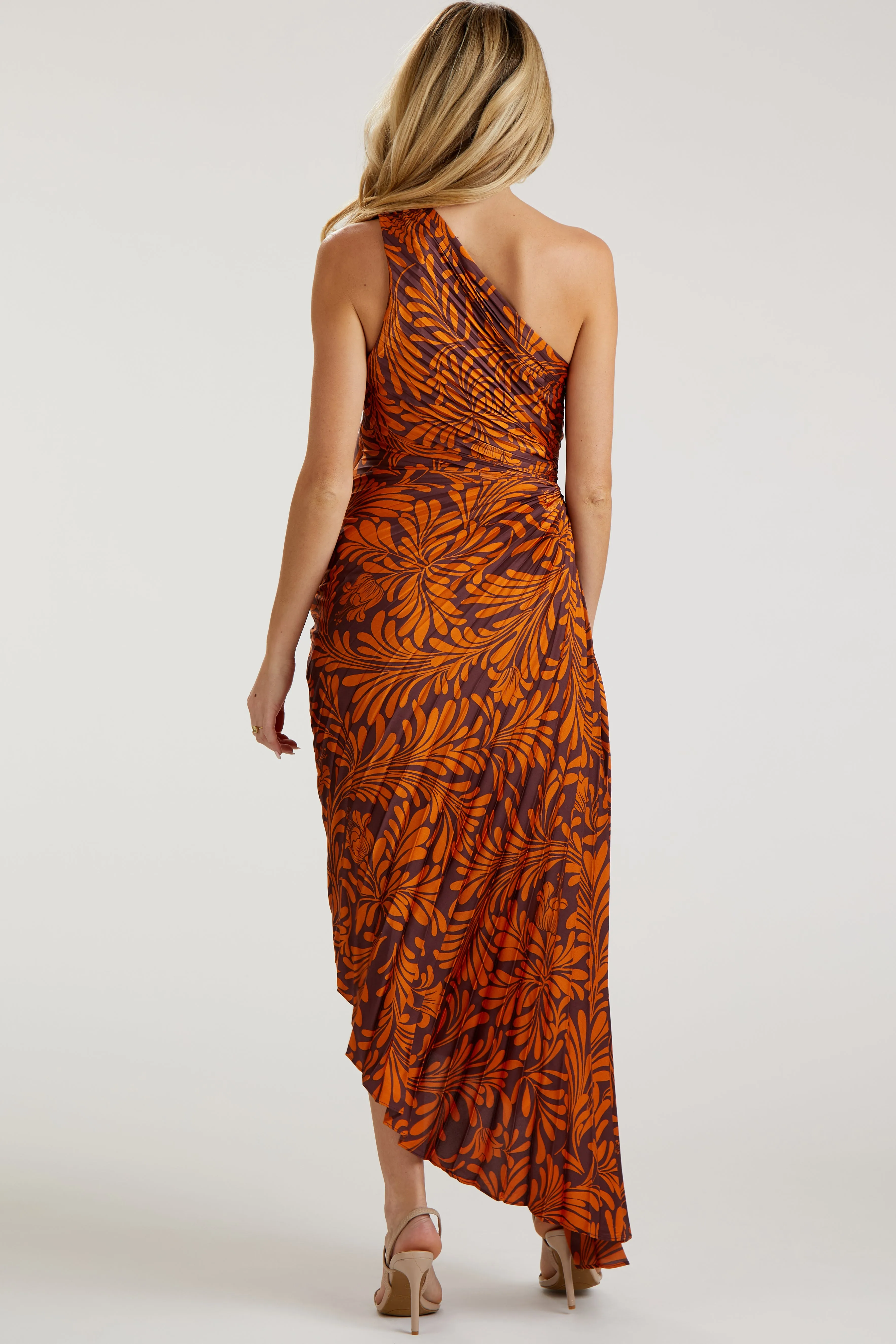 Rust Pleated Print One Shoulder Maternity Maxi Dress sold by Pinkblush product image thumbnail 2