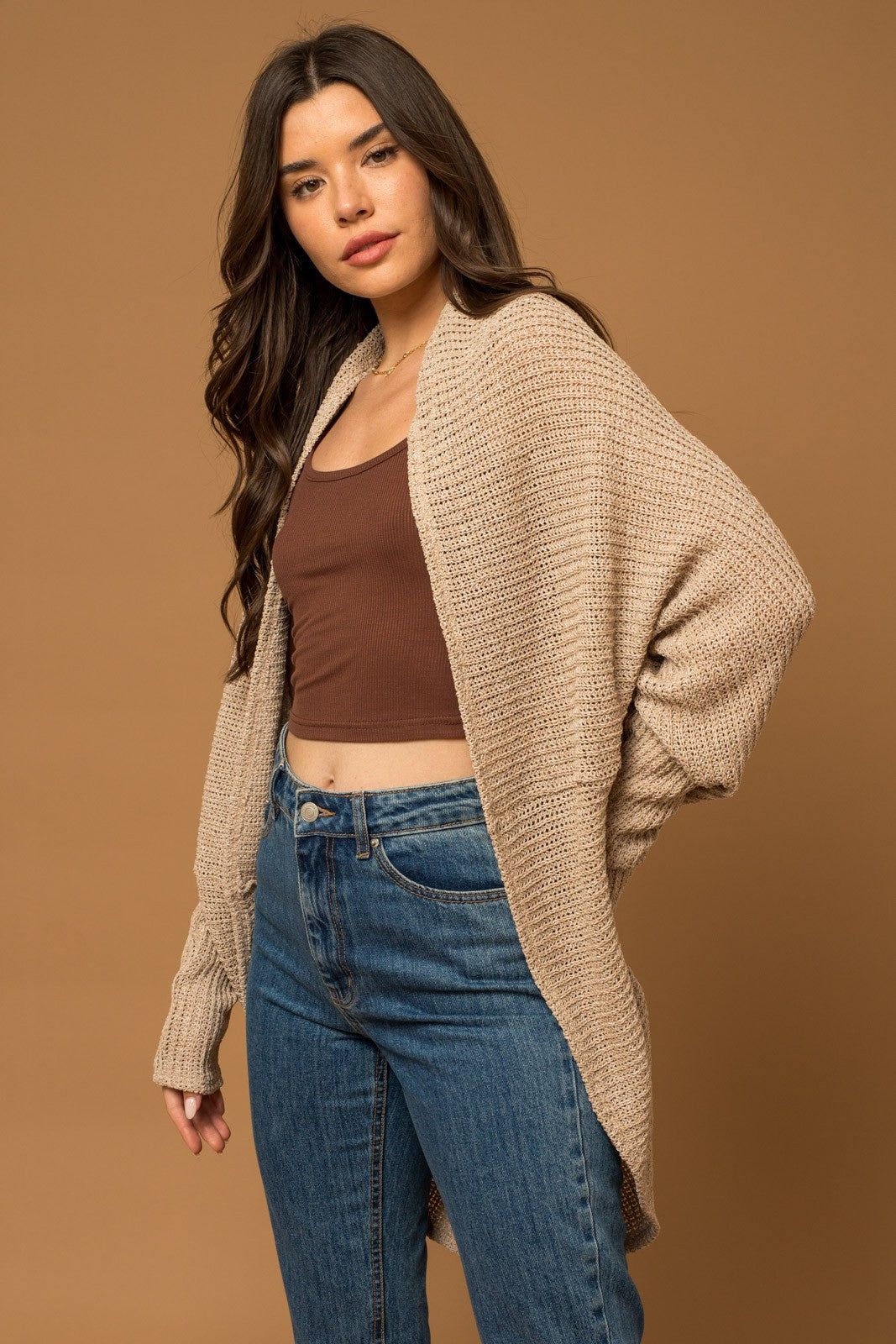 Beige Open Knit Dolman Sleeve Cardigan sold by Pinkblush