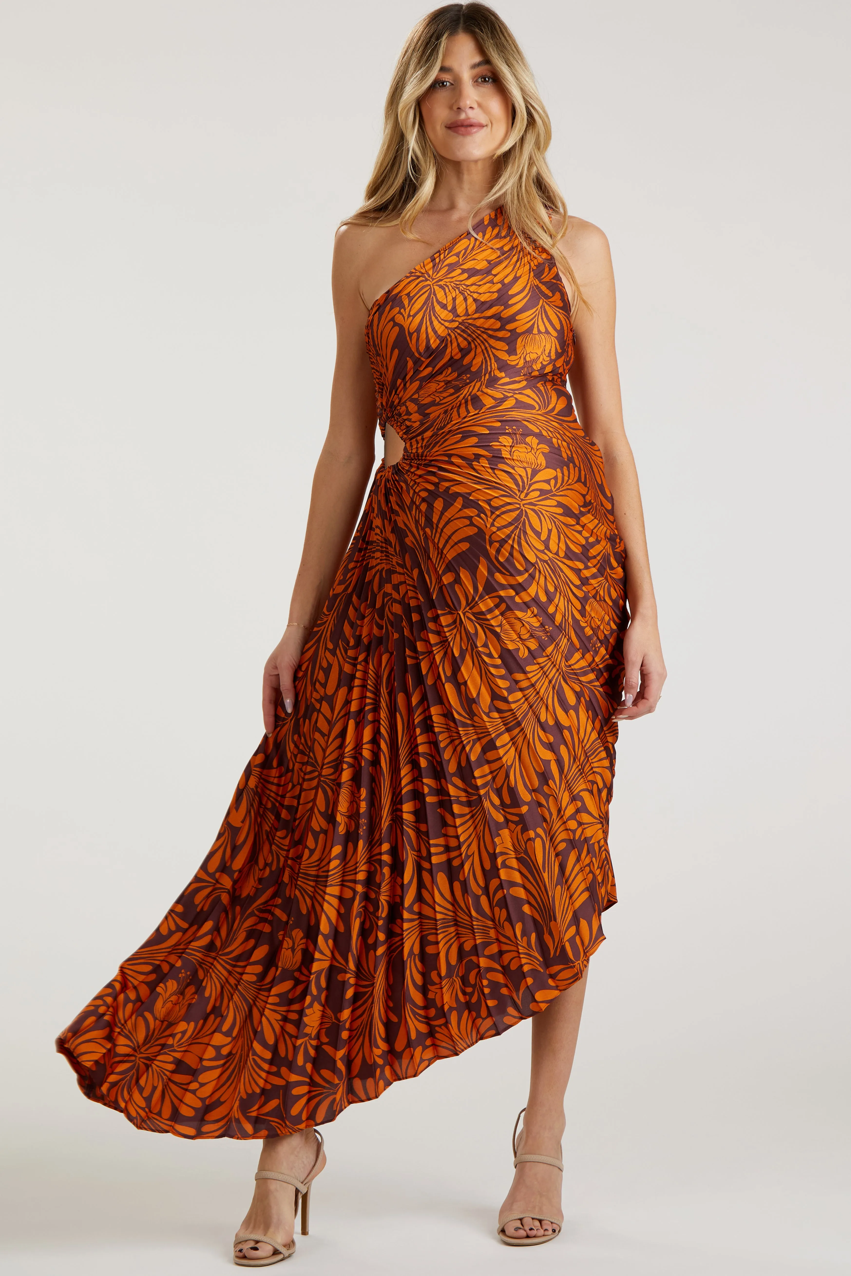 Rust Pleated Print One Shoulder Maternity Maxi Dress sold by Pinkblush