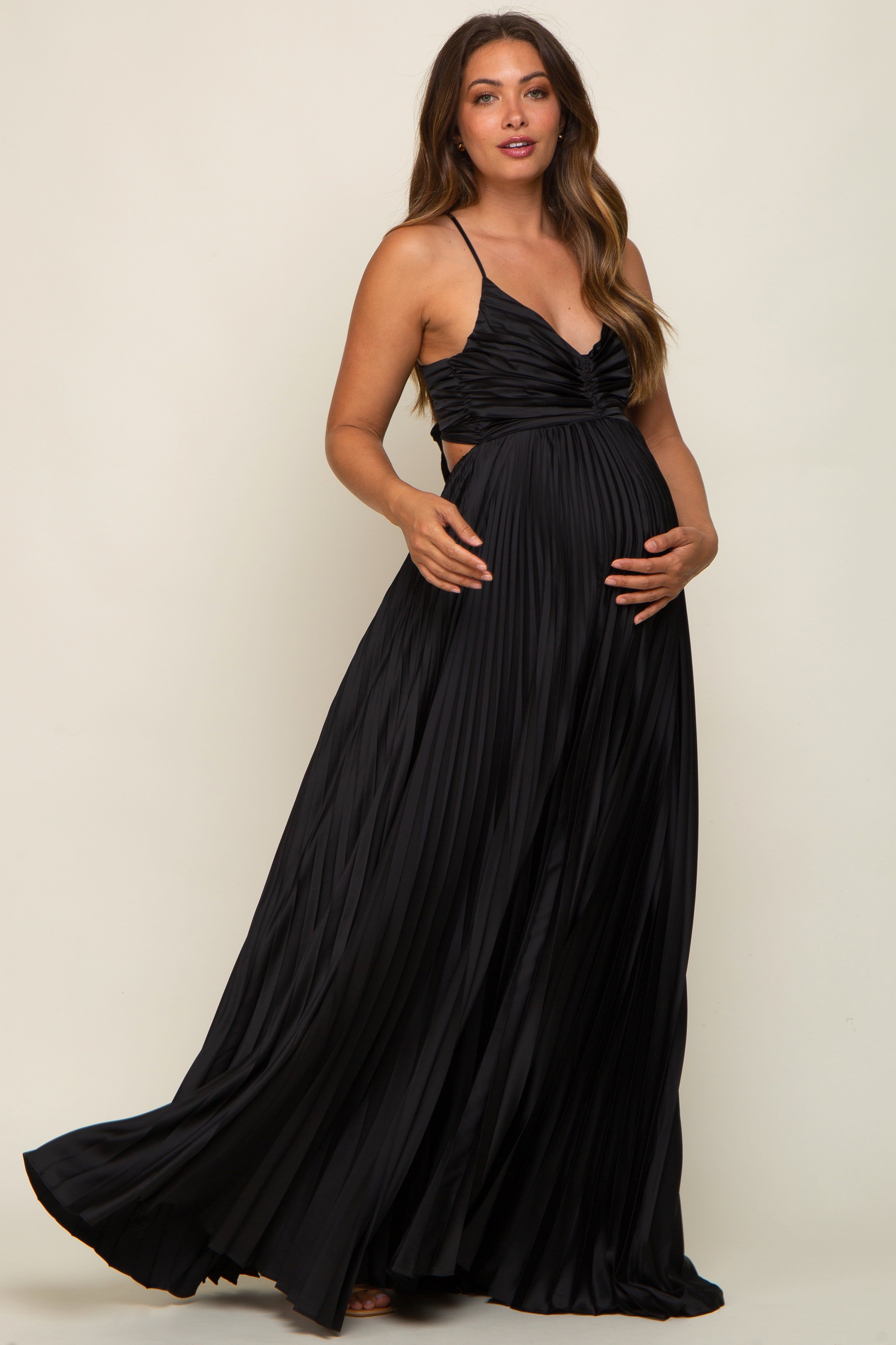 Black Satin Pleated Cutout Maternity Gown sold by Pinkblush product image thumbnail 2