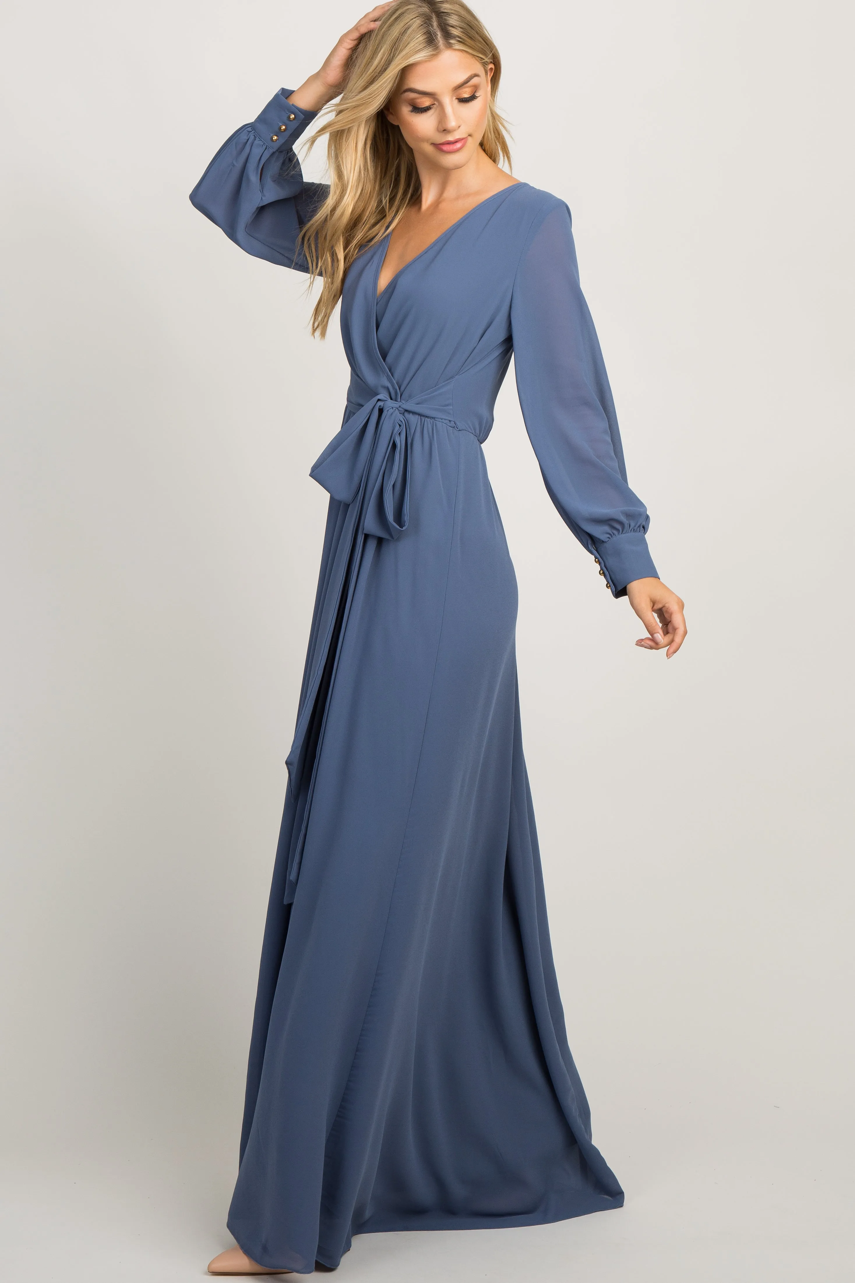Blue Chiffon Long Sleeve Pleated Maxi Dress sold by Pinkblush product image thumbnail 2