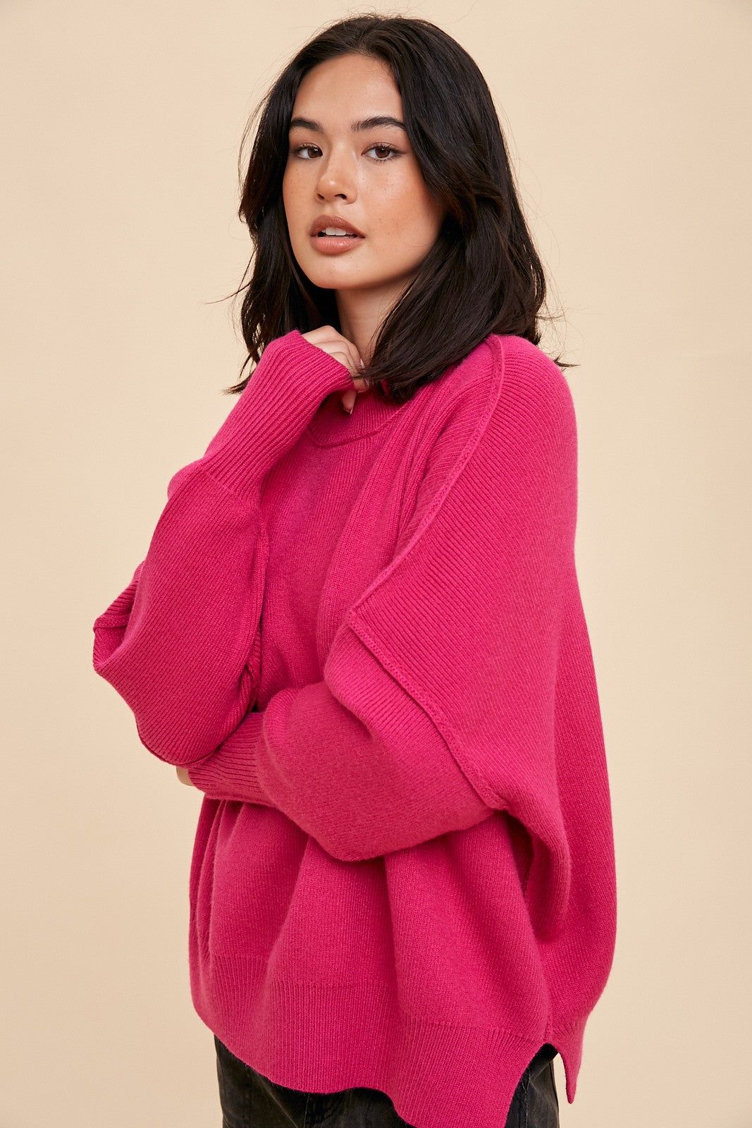 Magenta Knit Mock Neck Sweater sold by Pinkblush