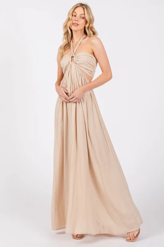 Beige Halter Cutout Maxi Dress sold by Pinkblush