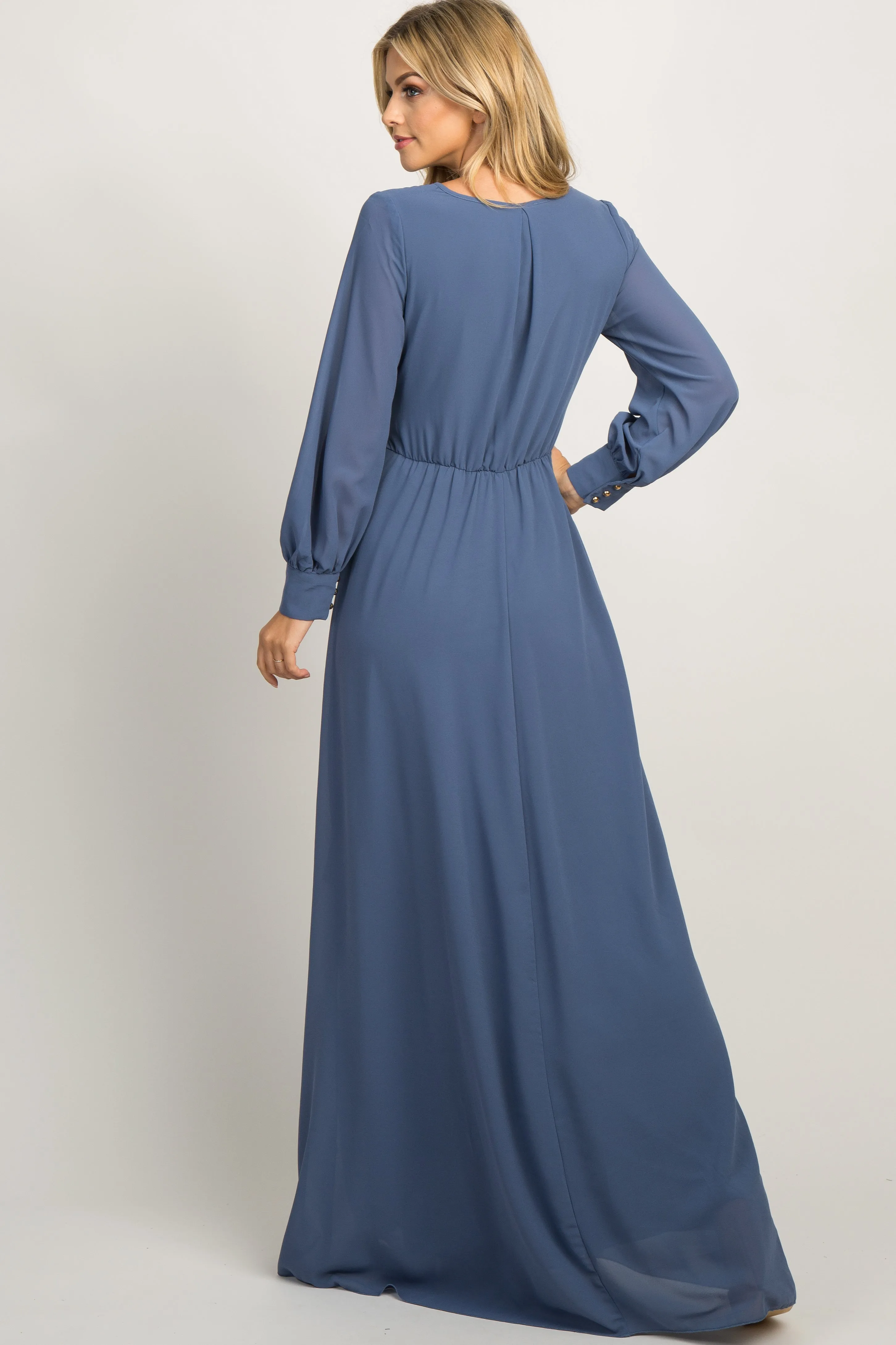 Blue Chiffon Long Sleeve Pleated Maxi Dress sold by Pinkblush product image thumbnail 3
