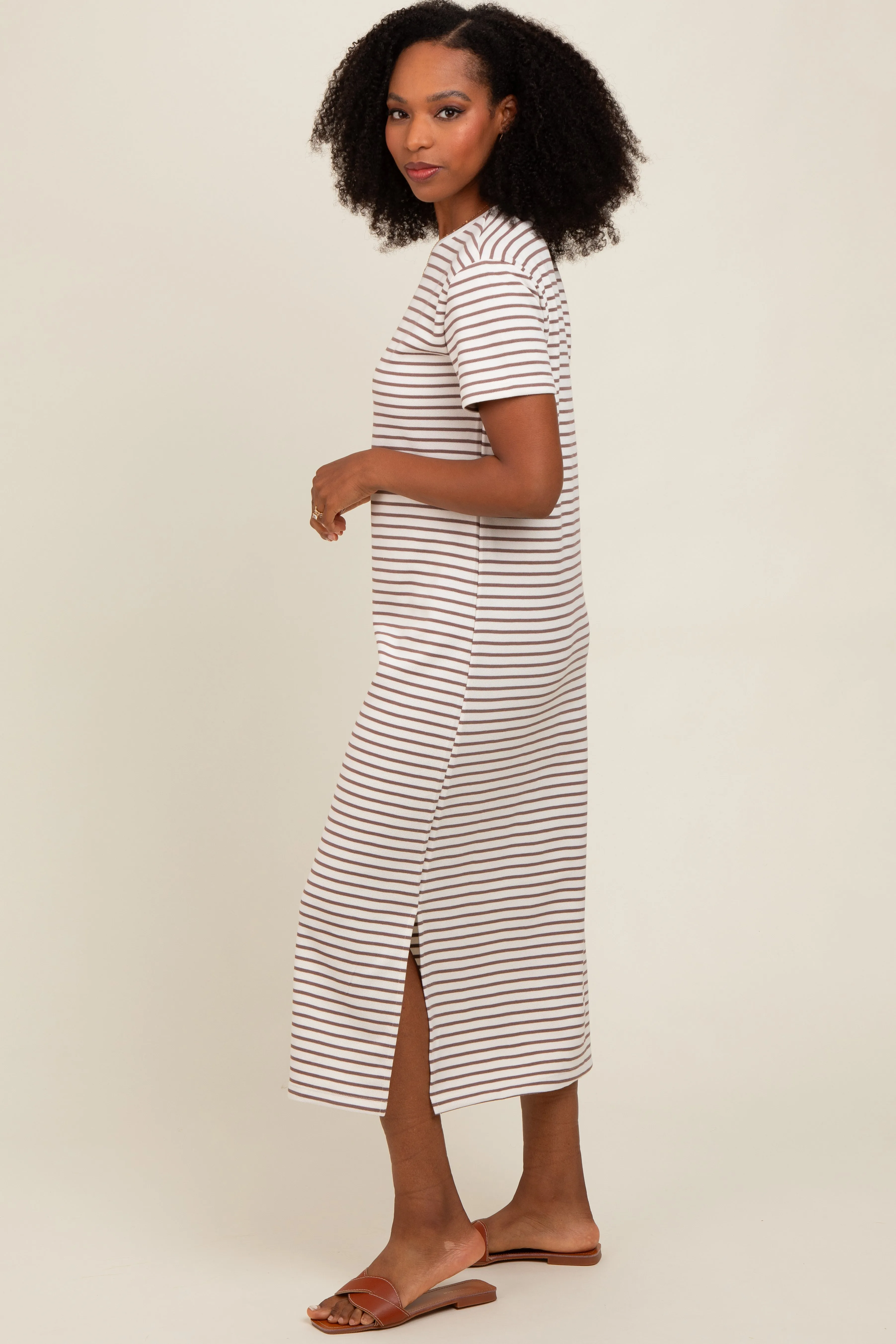 Cream Striped Short Sleeve T-Shirt Midi Dress sold by Pinkblush product image thumbnail 3