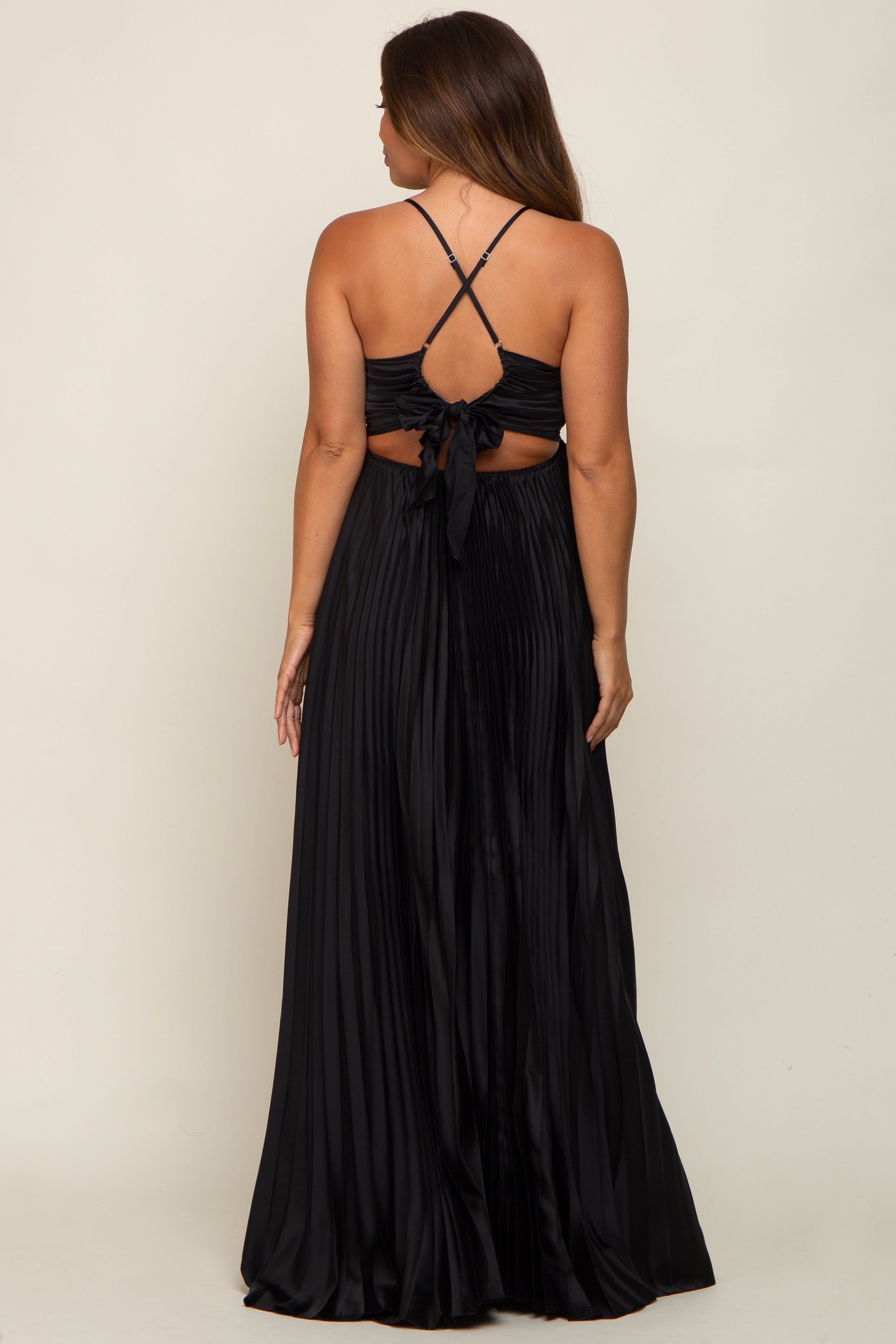 Black Satin Pleated Cutout Maternity Gown sold by Pinkblush product image thumbnail 4