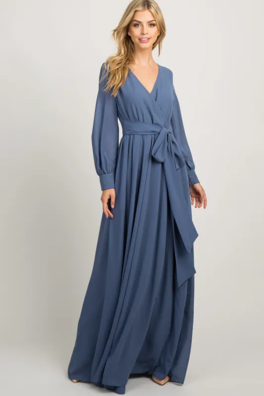 Blue Chiffon Long Sleeve Pleated Maxi Dress sold by Pinkblush