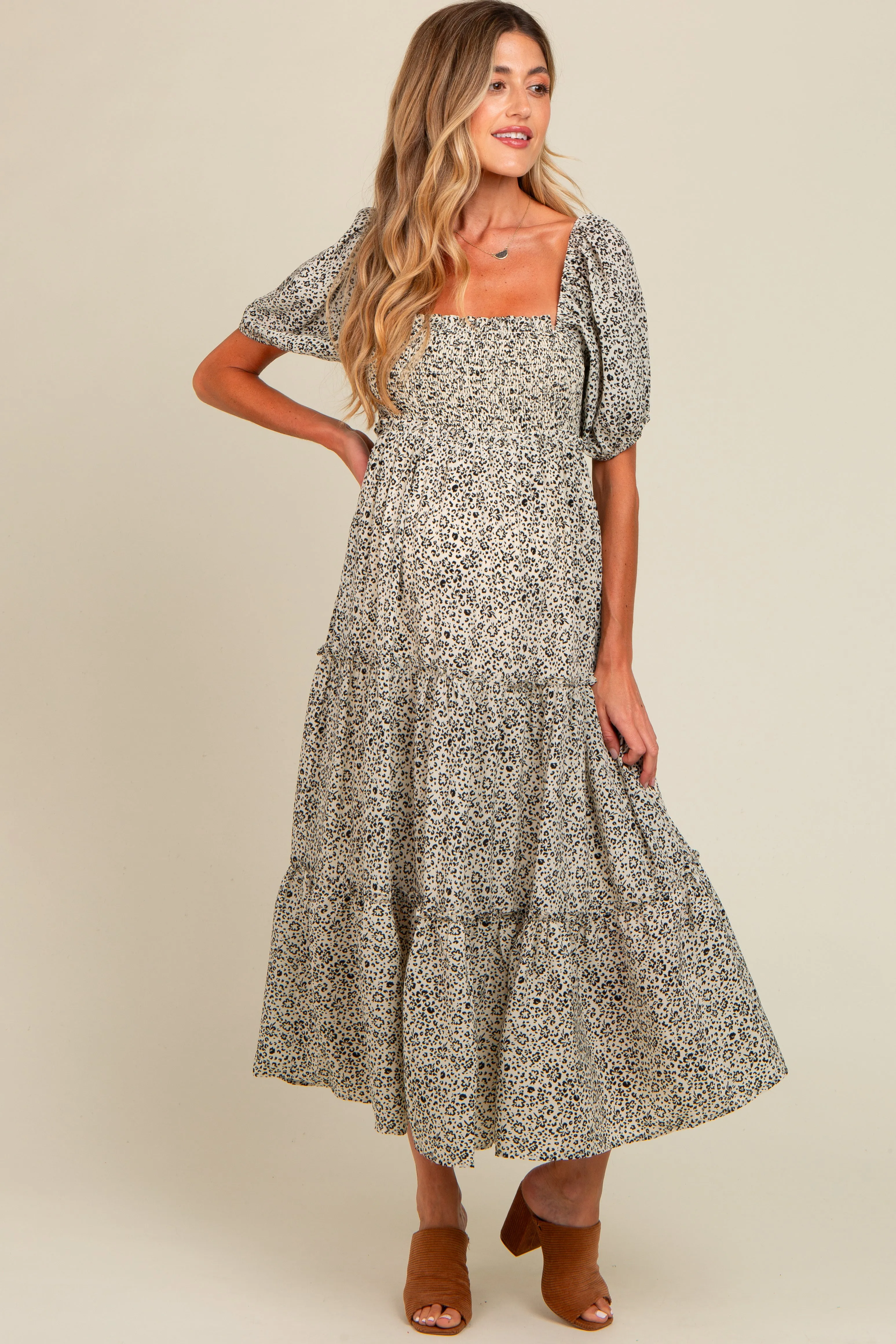 Cream Floral Leopard Print Maternity Midi Dress sold by Pinkblush