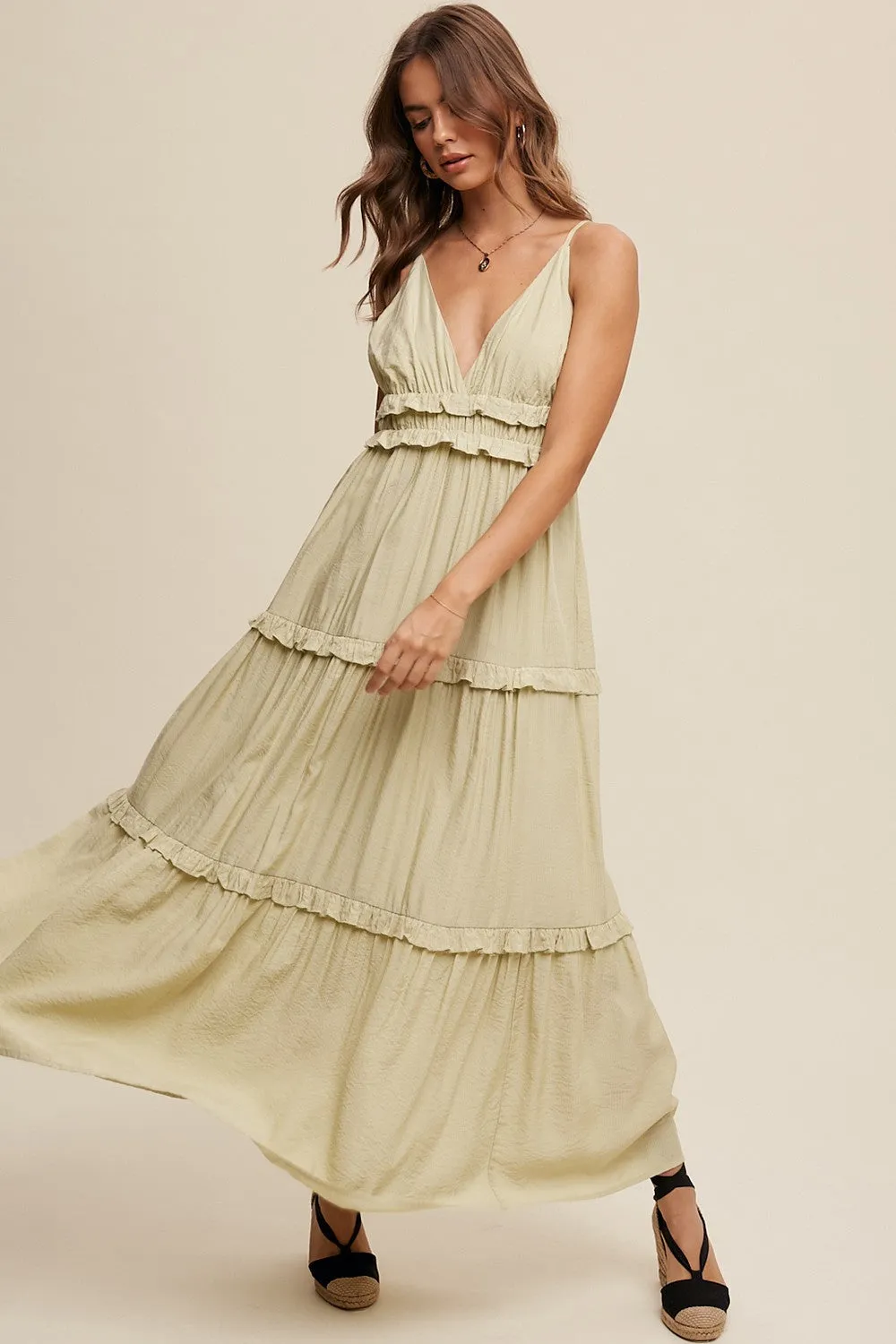 Light Olive Striped Ruffle Tiered Maternity Maxi Dress sold by Pinkblush product image thumbnail 4