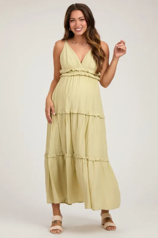 Light Olive Striped Ruffle Tiered Maternity Maxi Dress sold by Pinkblush