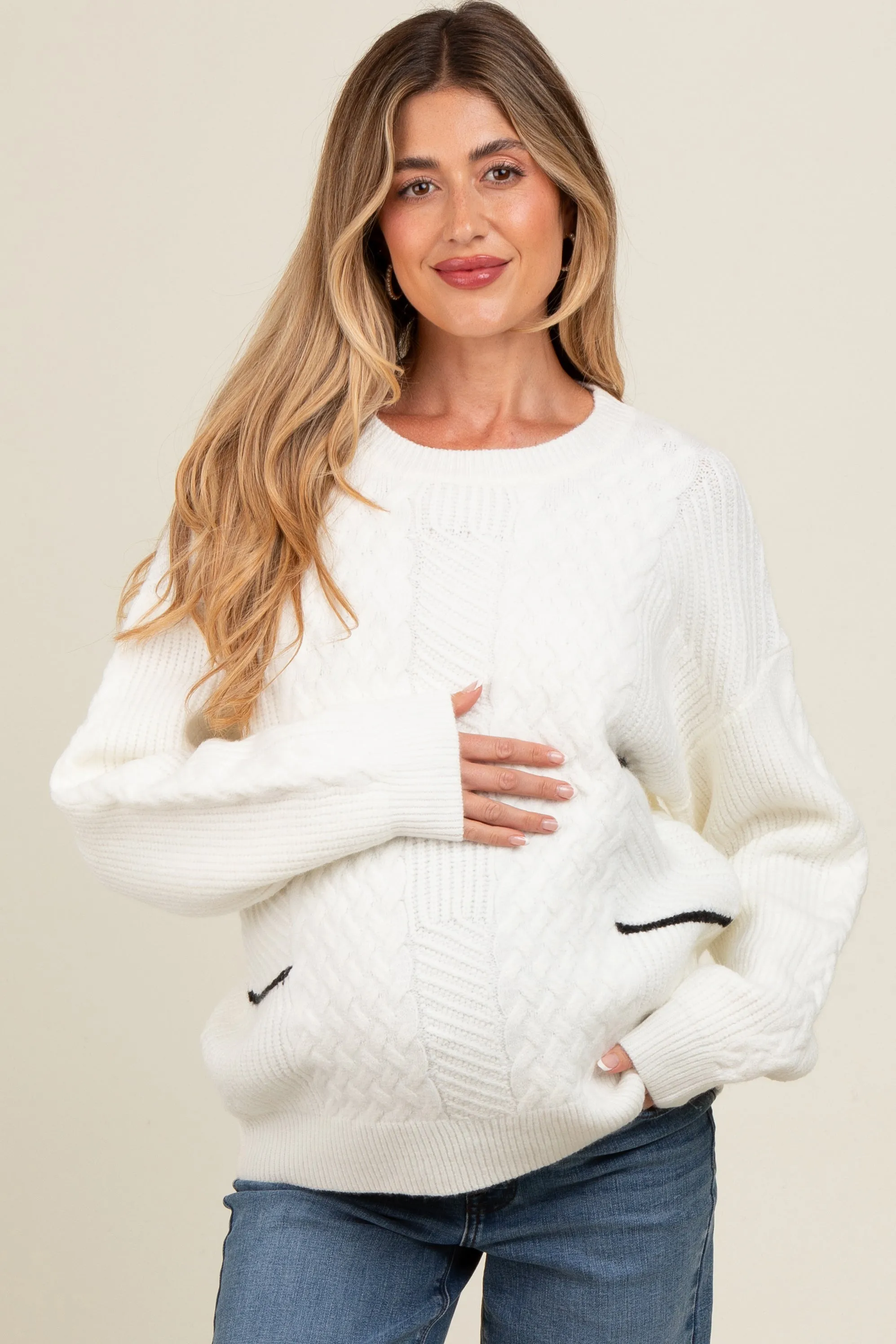 Ivory Striped Mixed Cable Knit Maternity Sweater sold by Pinkblush product image thumbnail 2