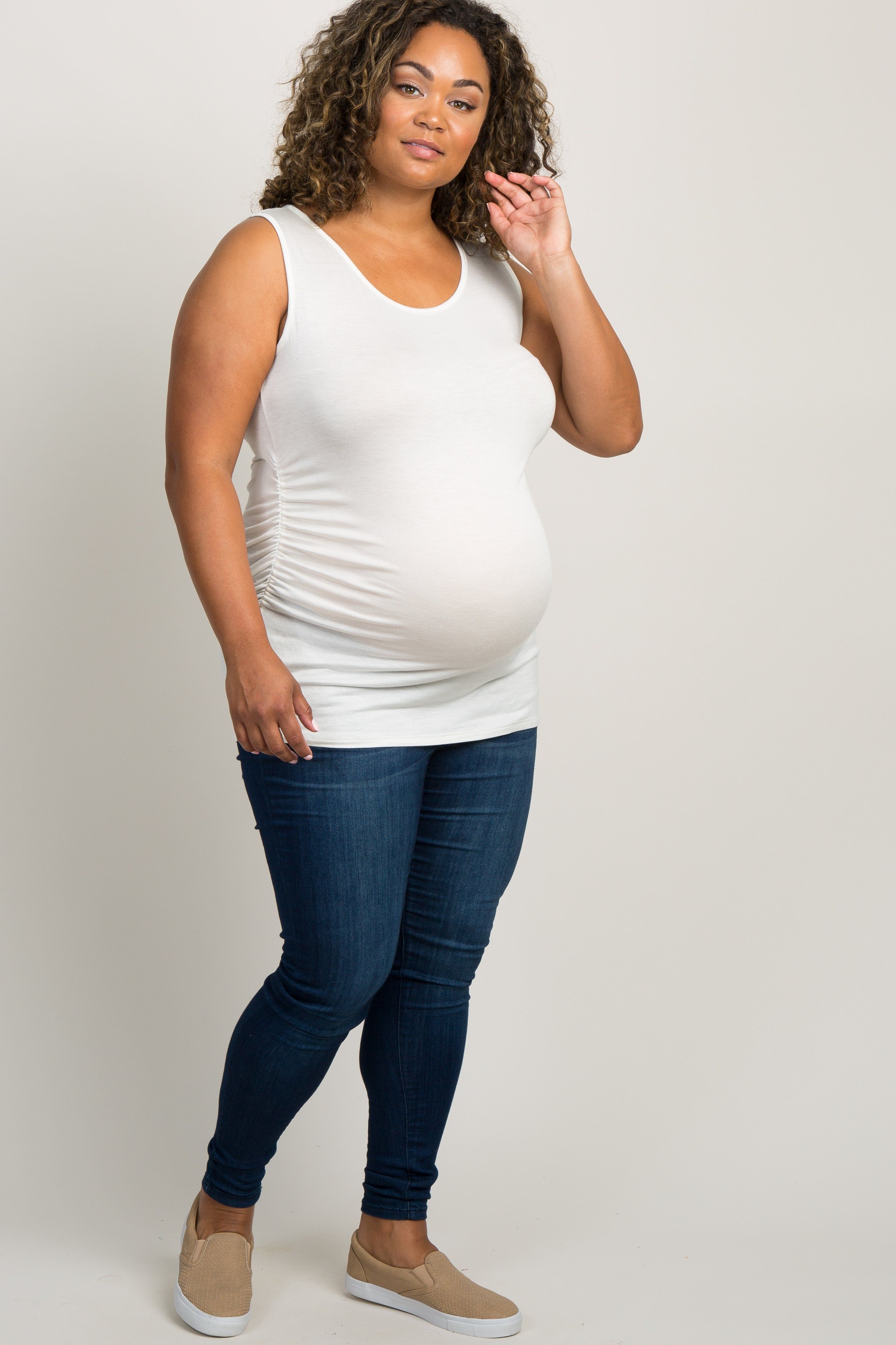 PinkBlush White Ruched Fitted Maternity Plus Tank Top sold by Pinkblush