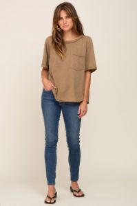 Mocha Front Pocket Raw Edge Trim Short Sleeve Top sold by Pinkblush