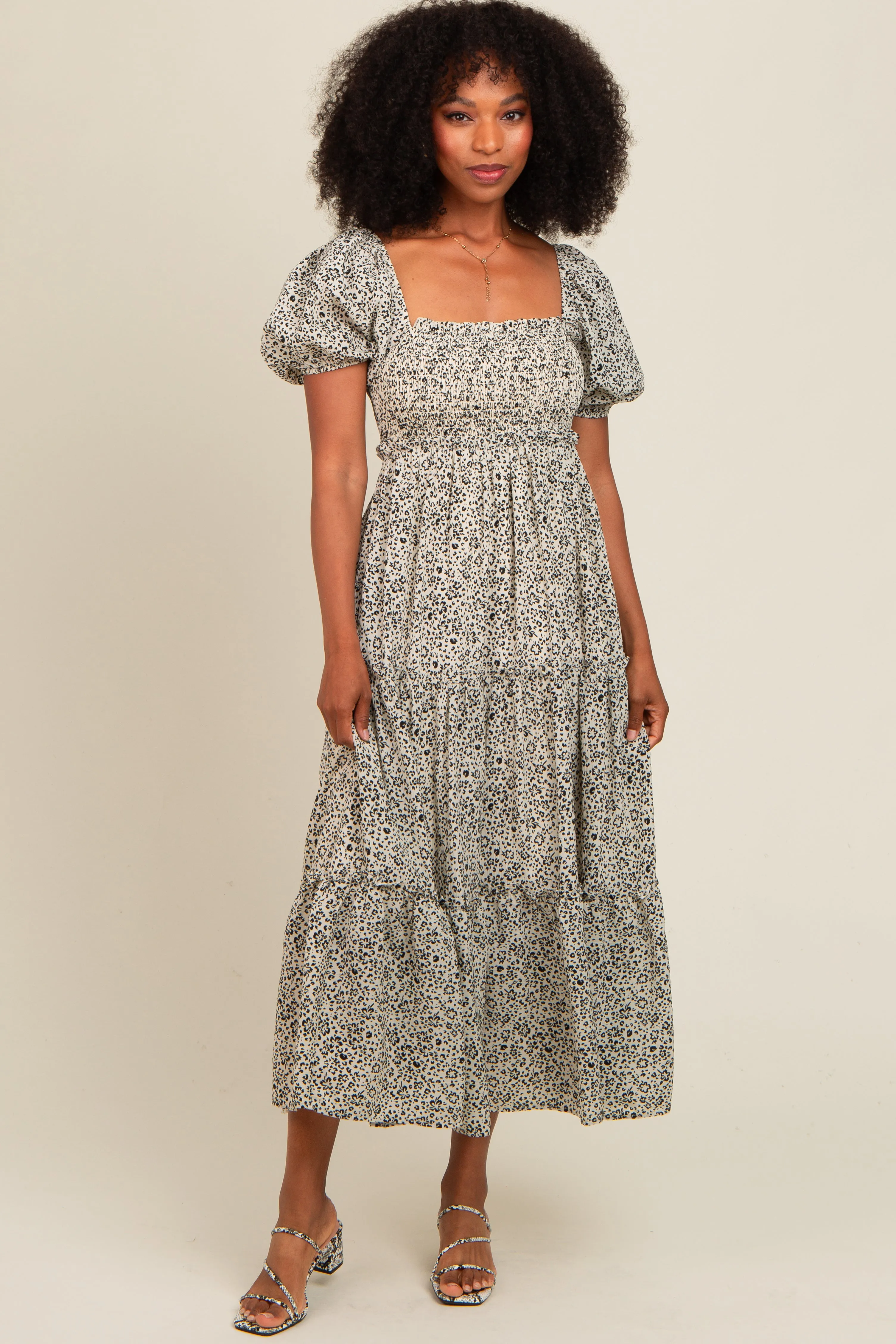 Cream Floral Leopard Print Maternity Midi Dress sold by Pinkblush product image thumbnail 5