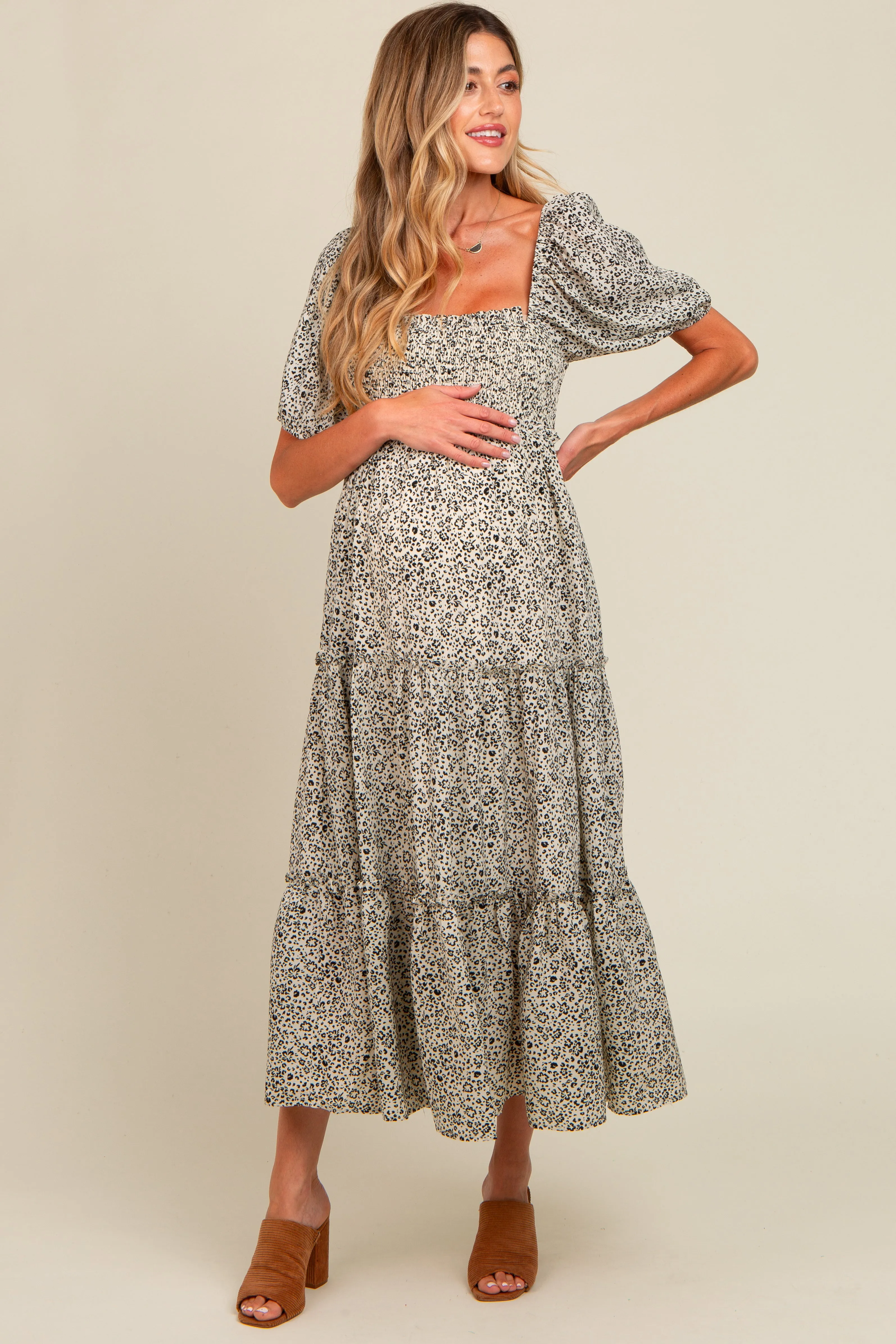 Cream Floral Leopard Print Maternity Midi Dress sold by Pinkblush product image thumbnail 2