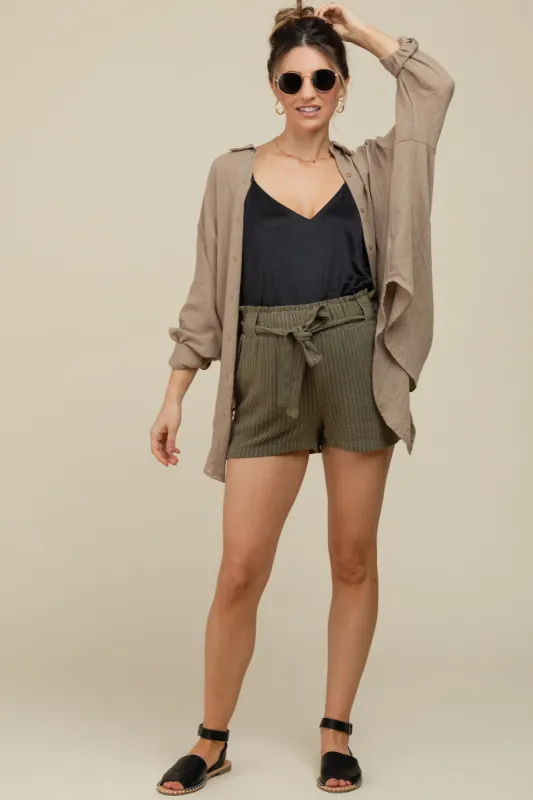 Olive Pinstriped Belted Maternity Shorts sold by Pinkblush