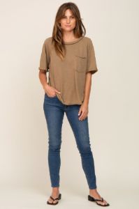 Mocha Front Pocket Raw Edge Trim Short Sleeve Top sold by Pinkblush