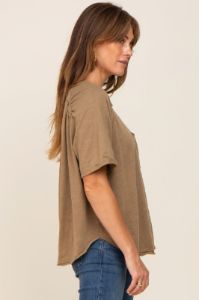 Mocha Front Pocket Raw Edge Trim Short Sleeve Top sold by Pinkblush