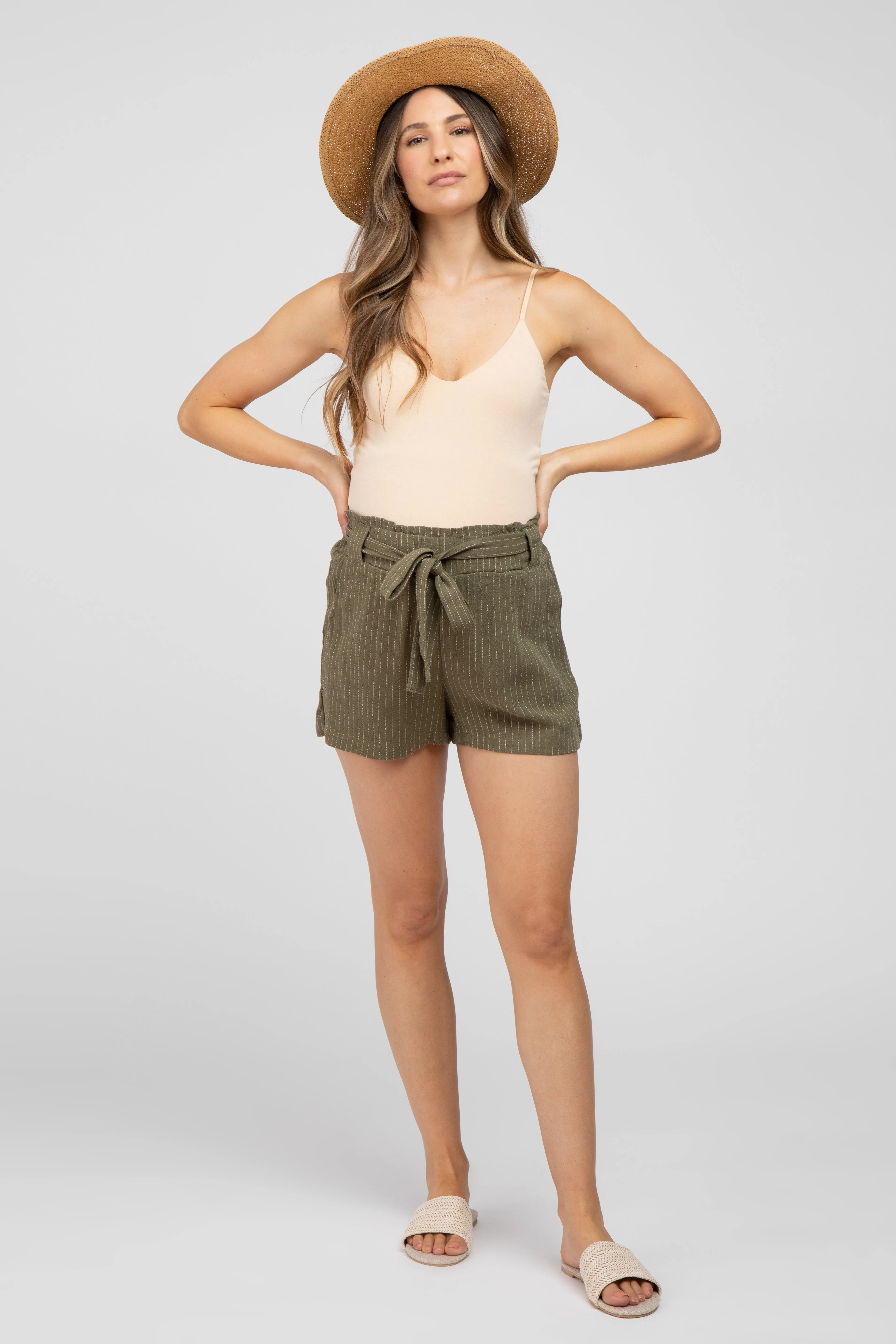 Olive Pinstriped Belted Maternity Shorts sold by Pinkblush product image thumbnail 2