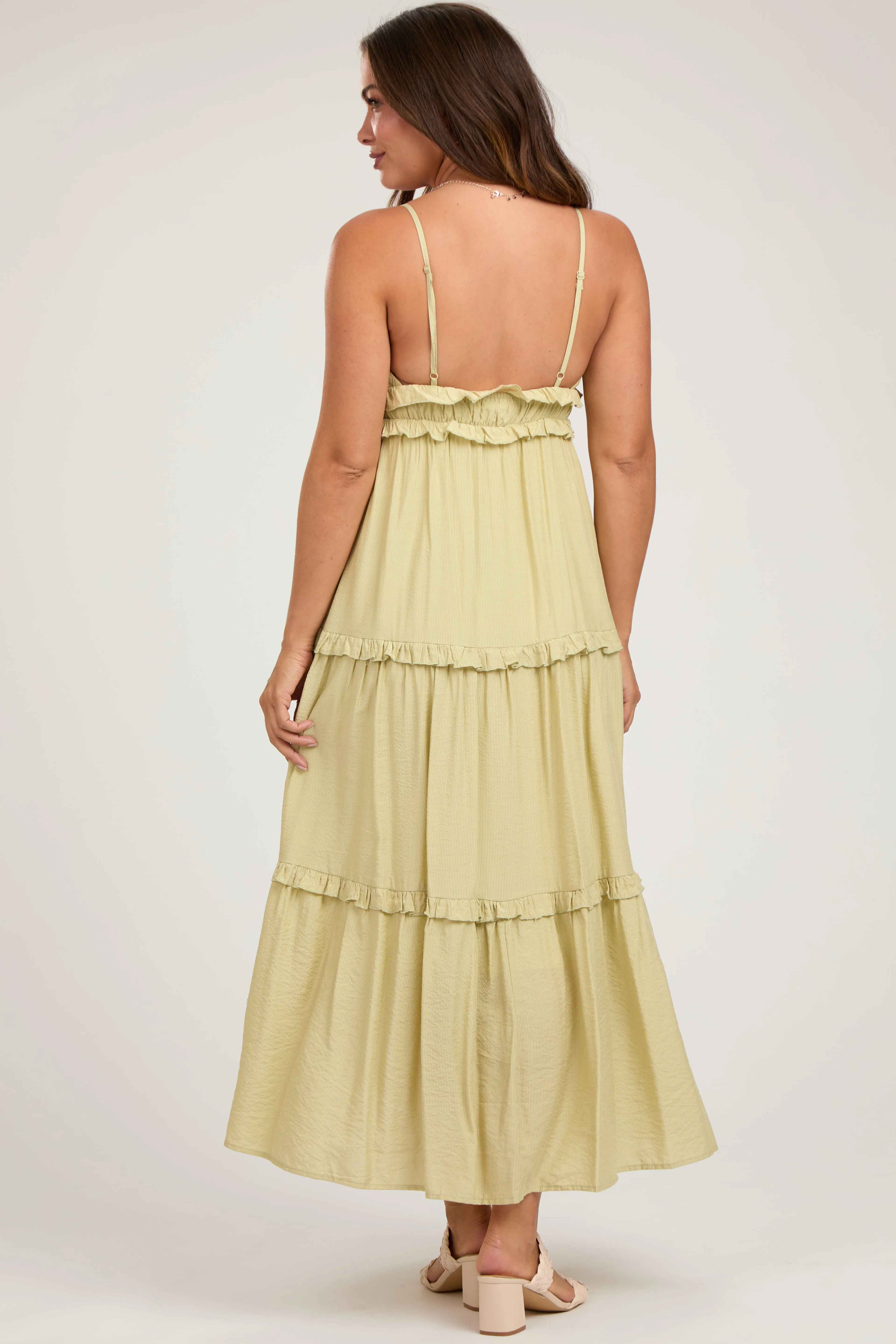 Light Olive Striped Ruffle Tiered Maternity Maxi Dress sold by Pinkblush product image thumbnail 3