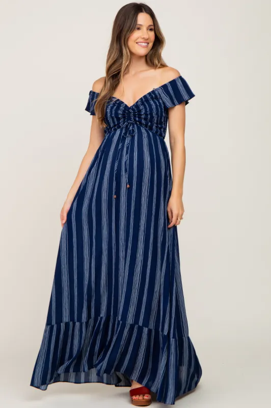 Navy Blue Striped Off Shoulder Front Tie Maternity Maxi Dress sold by Pinkblush