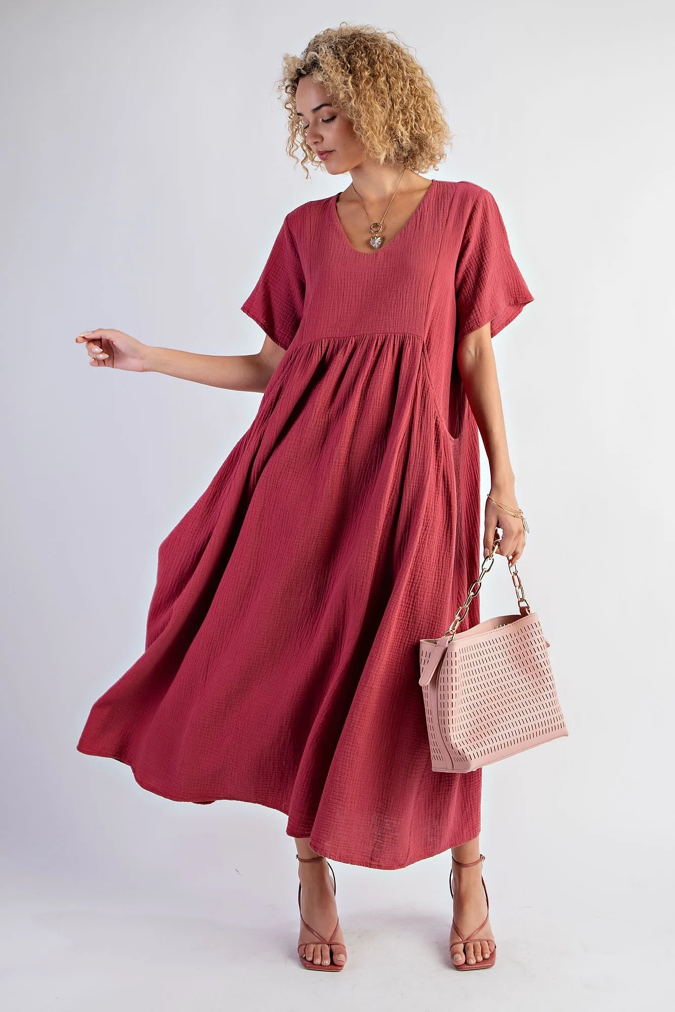 Red Gauze Short Sleeve Midi Dress sold by Pinkblush